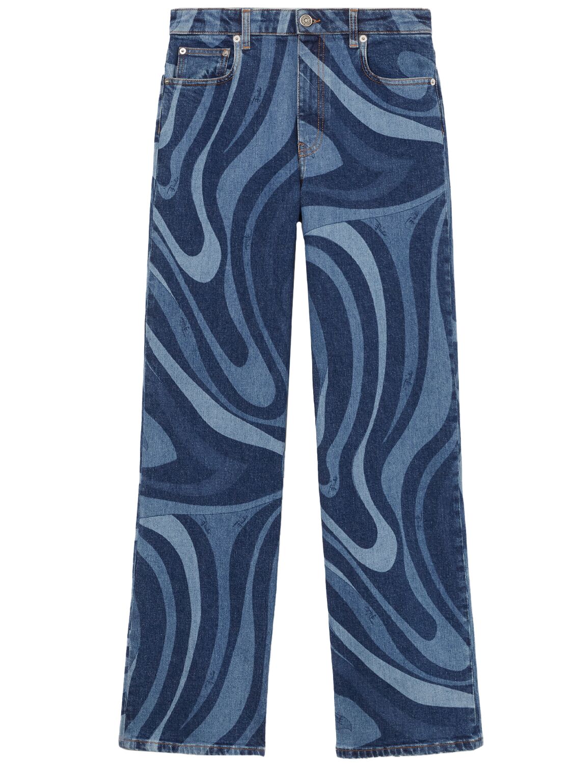 Pucci Printed Denim Mid Rise Wide Jeans In Blue,multi
