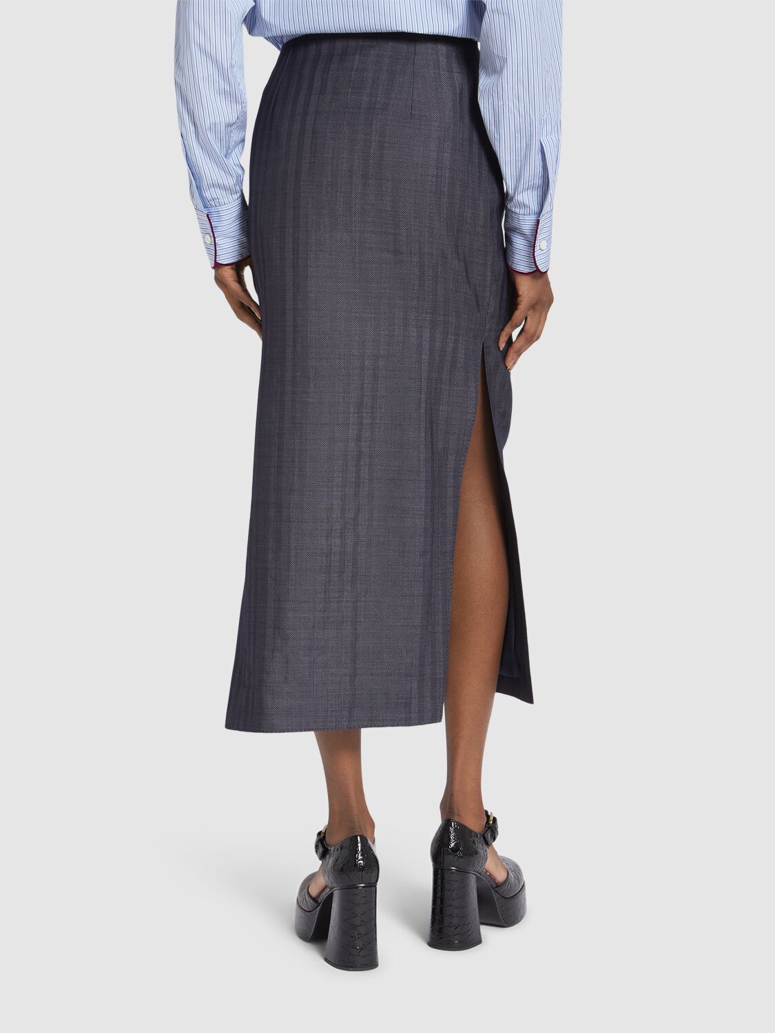 Shop Etro Tailored Wool Blend Midi Skirt In 深蓝色