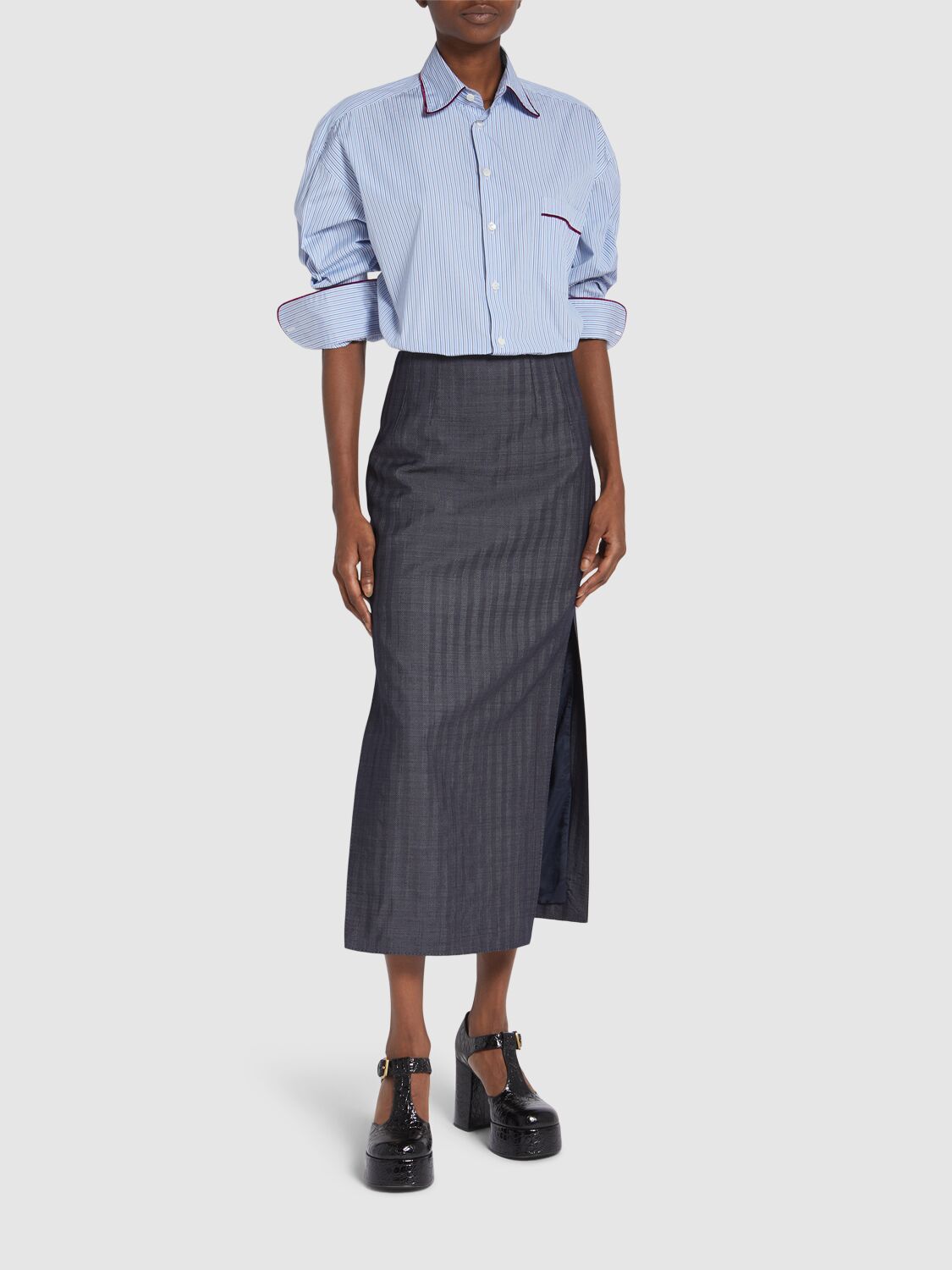 Shop Etro Tailored Wool Blend Midi Skirt In 深蓝色