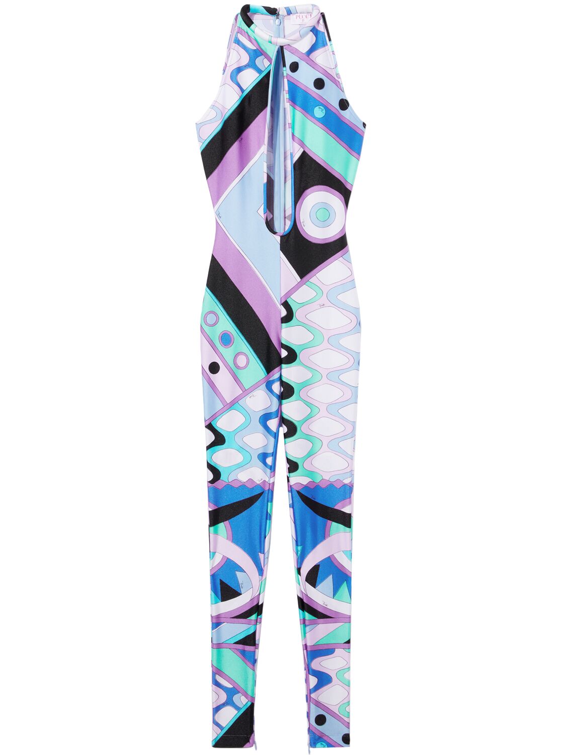 Pucci Shiny Lycra Long Jumpsuit In Blue,white