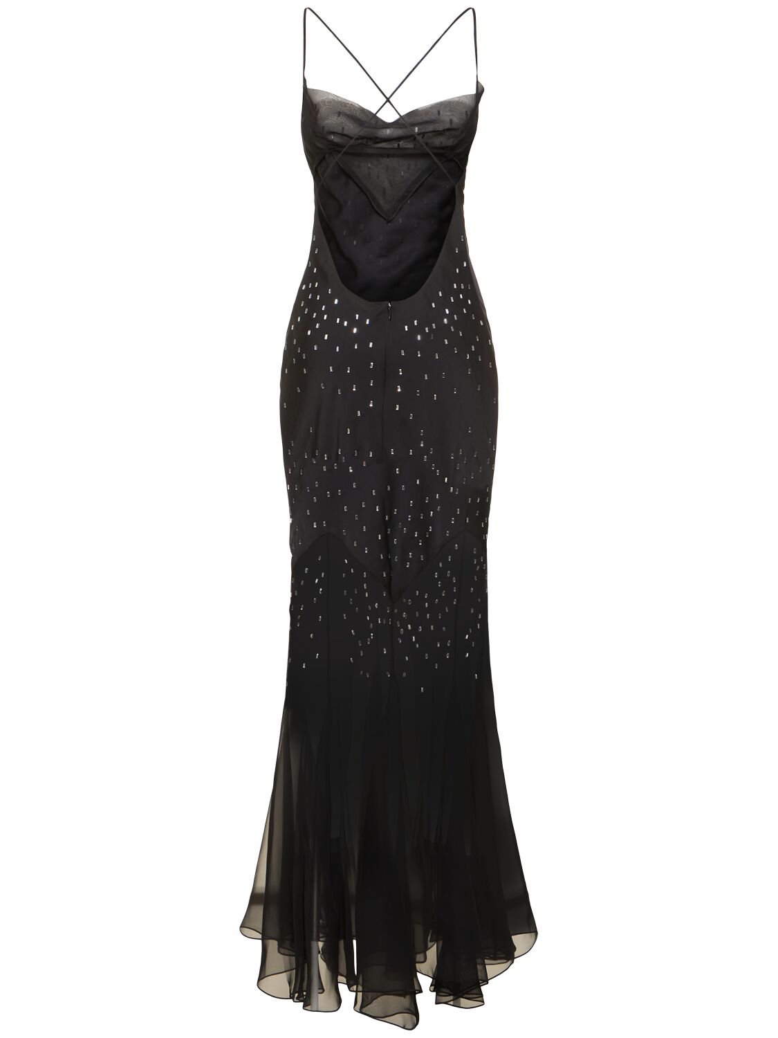 Shop Rabanne Strass Satin Flared Long Dress In Black