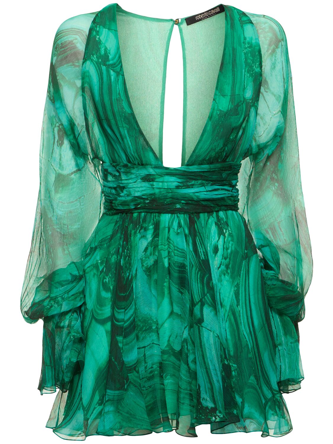 Roberto Cavalli Malachite Printed Silk Chiffon Dress In Green/multi