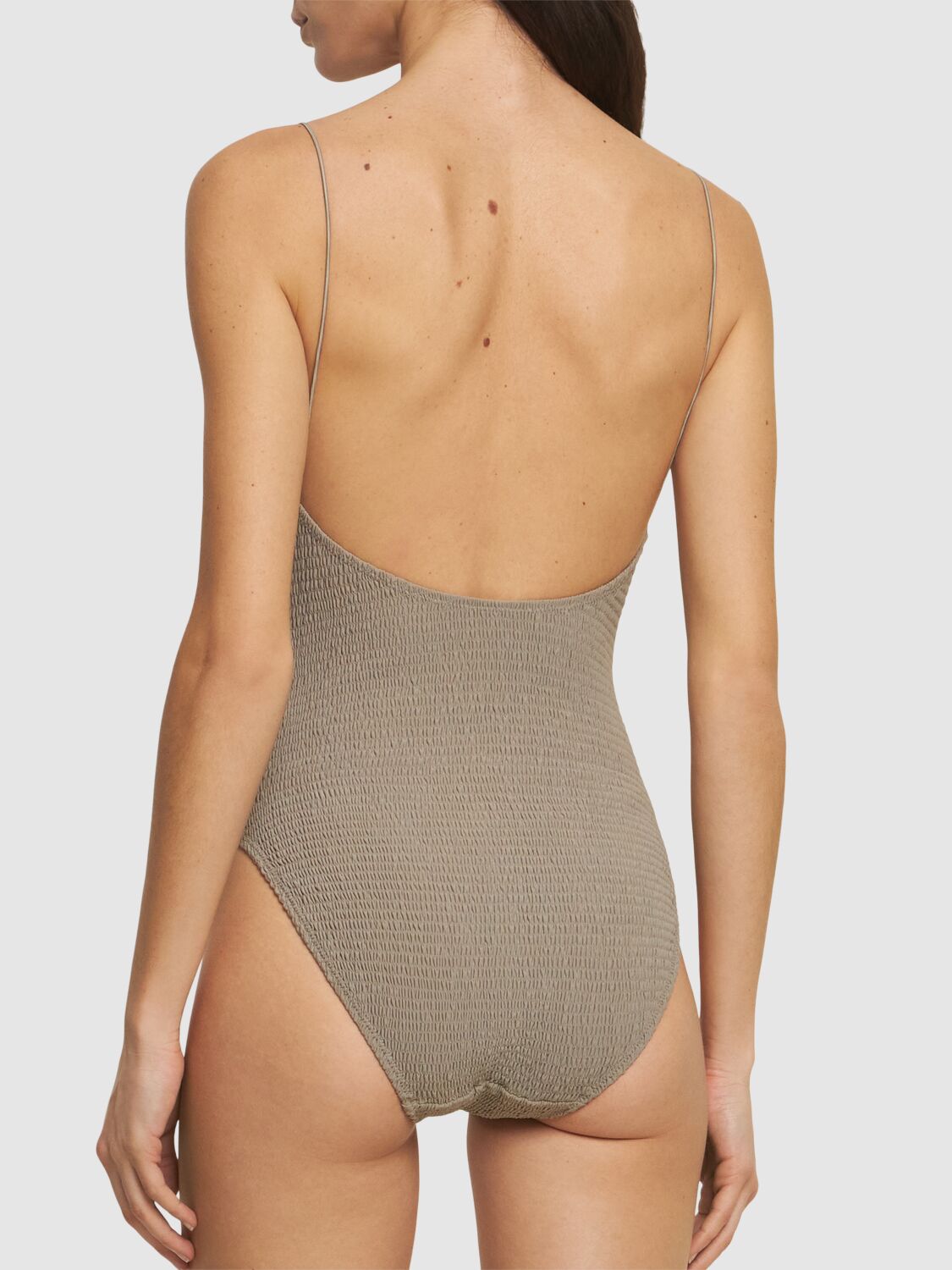 Shop Totême Smocked One Piece Swimsuit In Grey