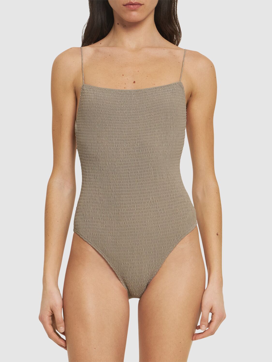 Shop Totême Smocked One Piece Swimsuit In Grey