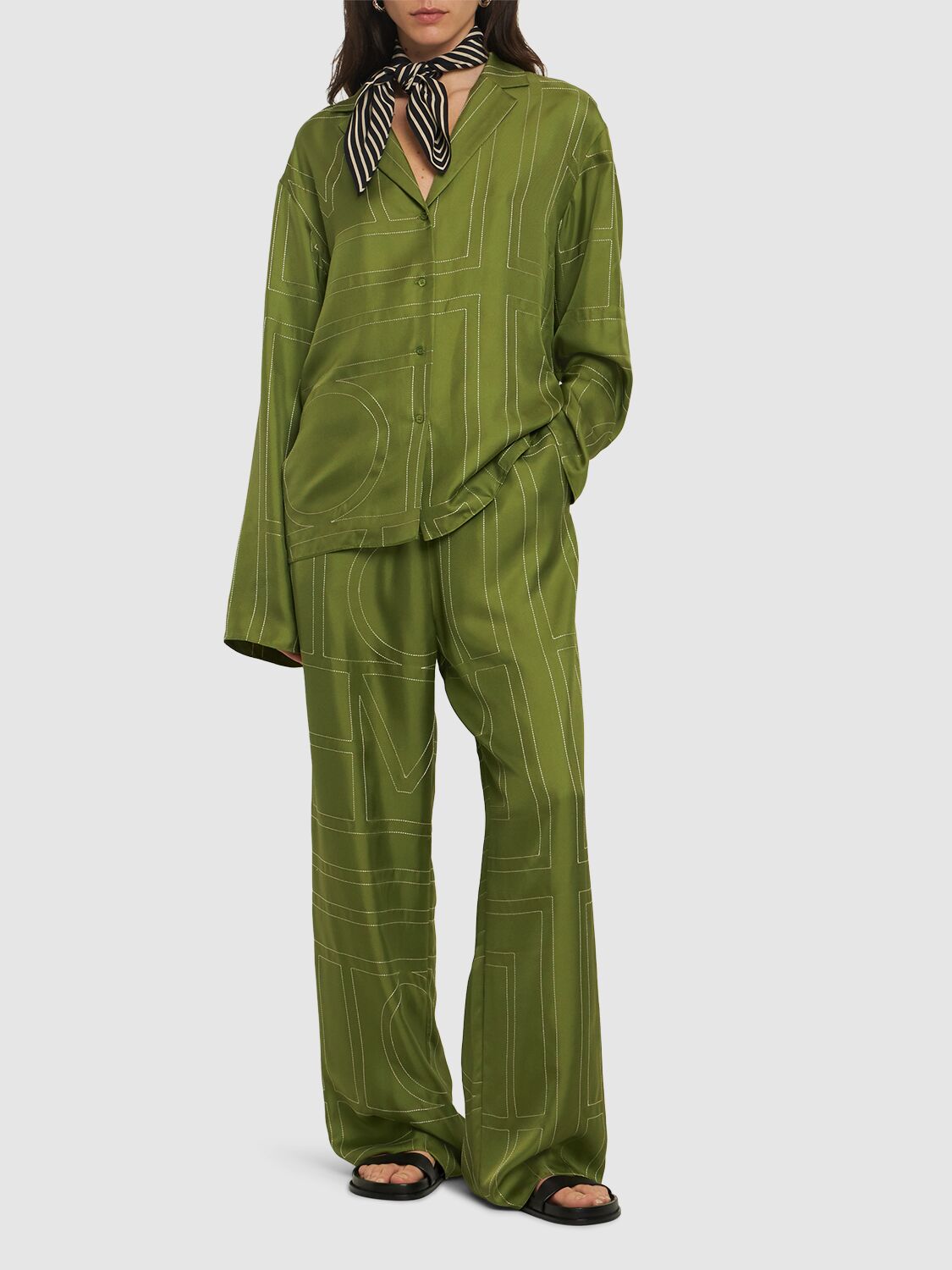 Shop Totême Monogram Silk Pajama Pants In Green