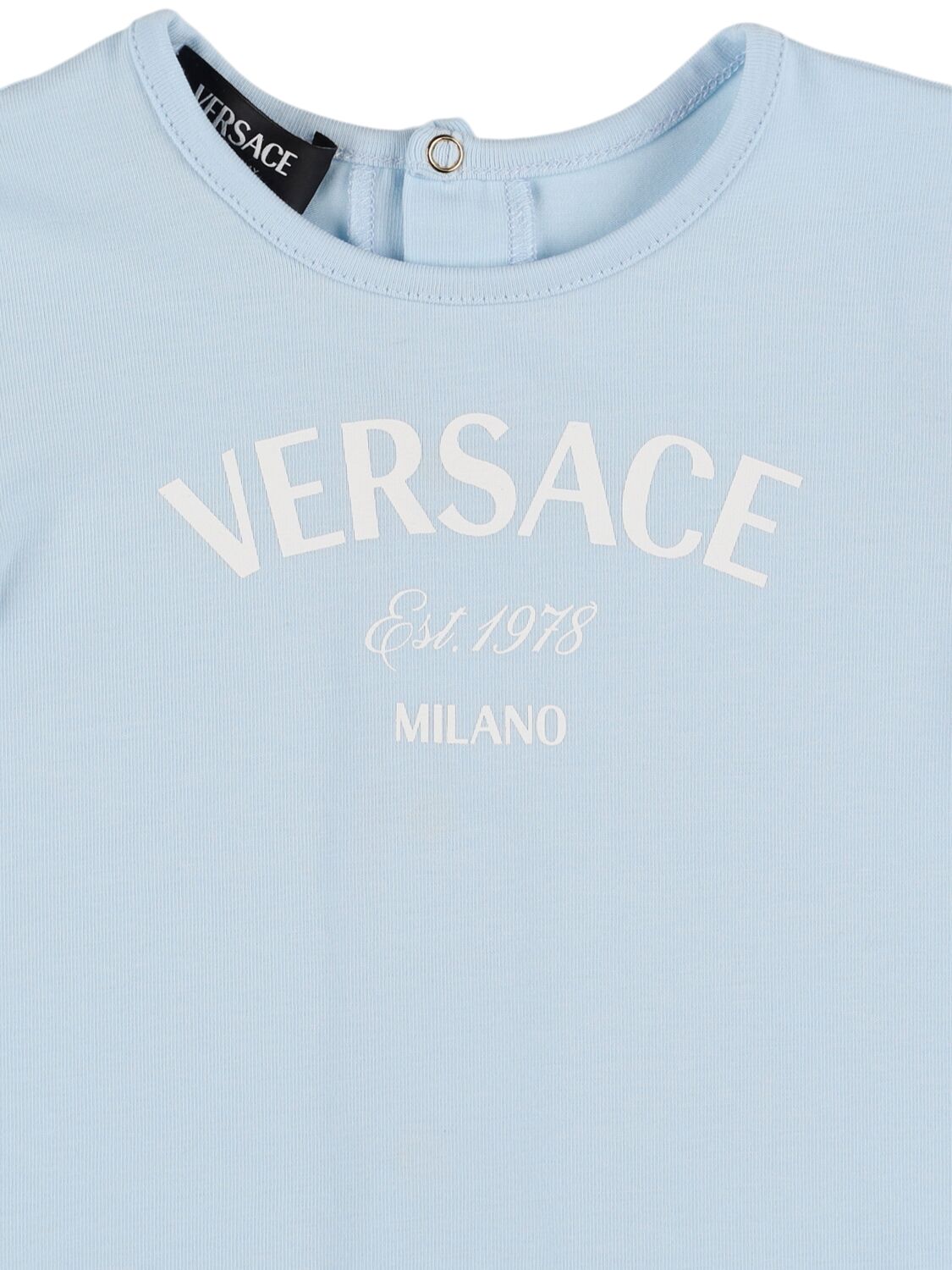 Shop Versace Cotton Jersey Romper & Bib In White,blue
