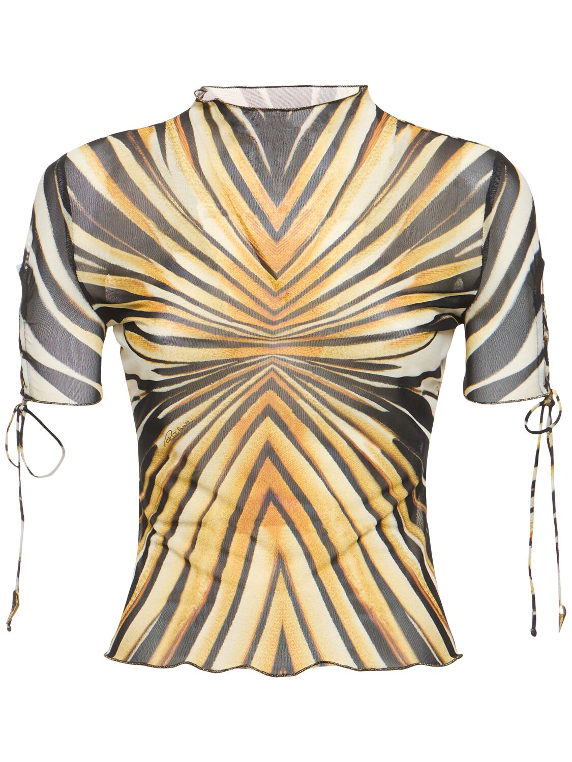 Shop Roberto Cavalli Ray Of Gold Printed Tulle Top In Yellow/black