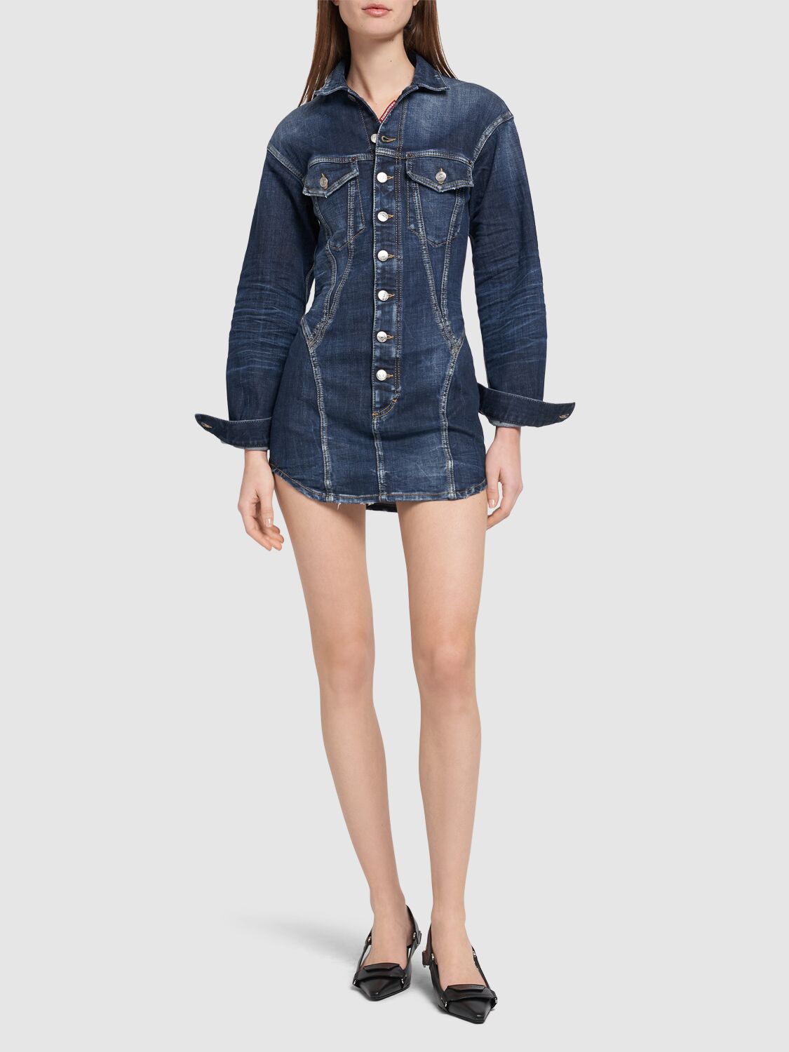 Shop Dsquared2 Bustier Denim Long Sleeved Mini Dress In Dark Blue