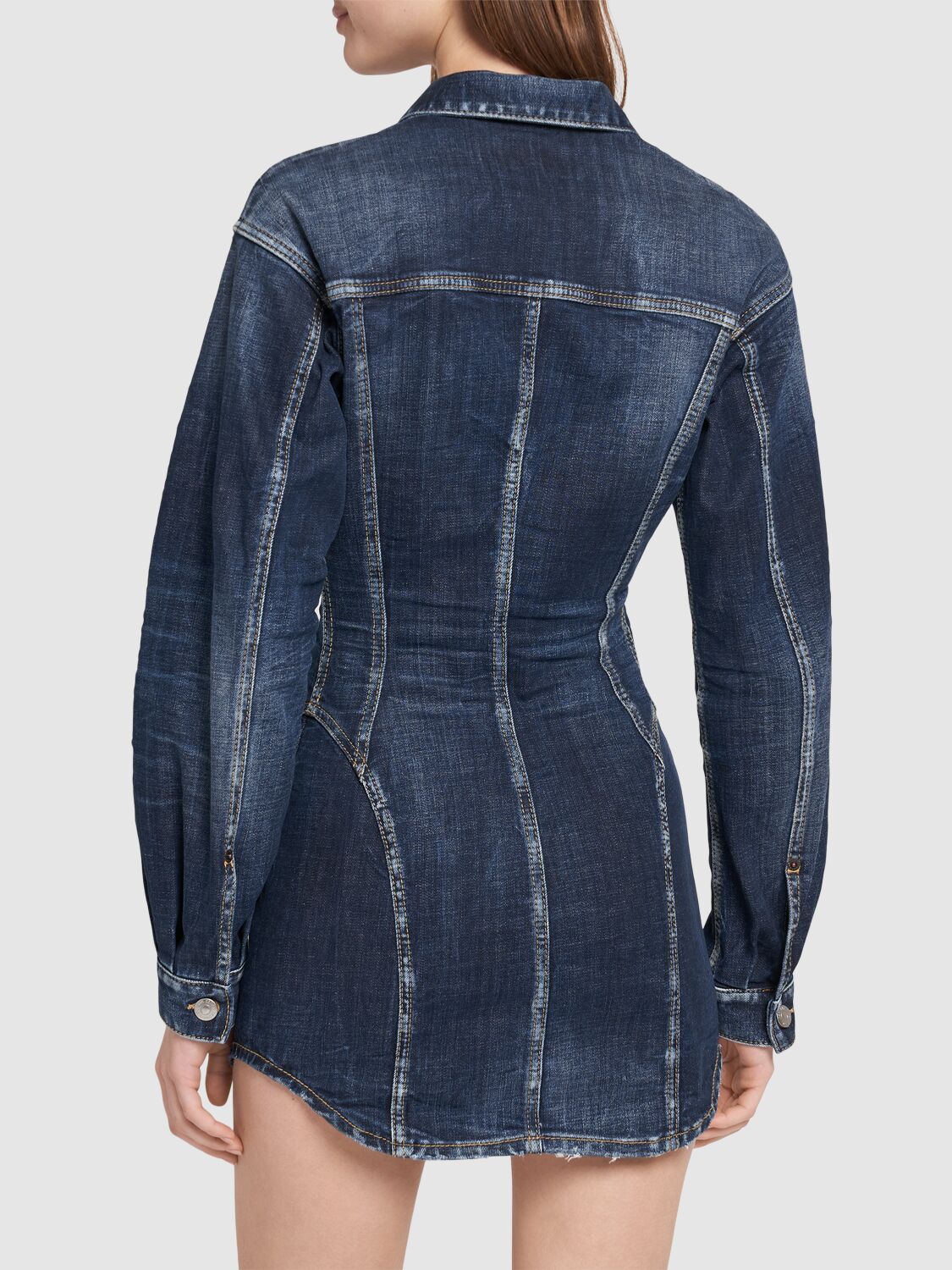 Shop Dsquared2 Bustier Denim Long Sleeved Mini Dress In Dark Blue