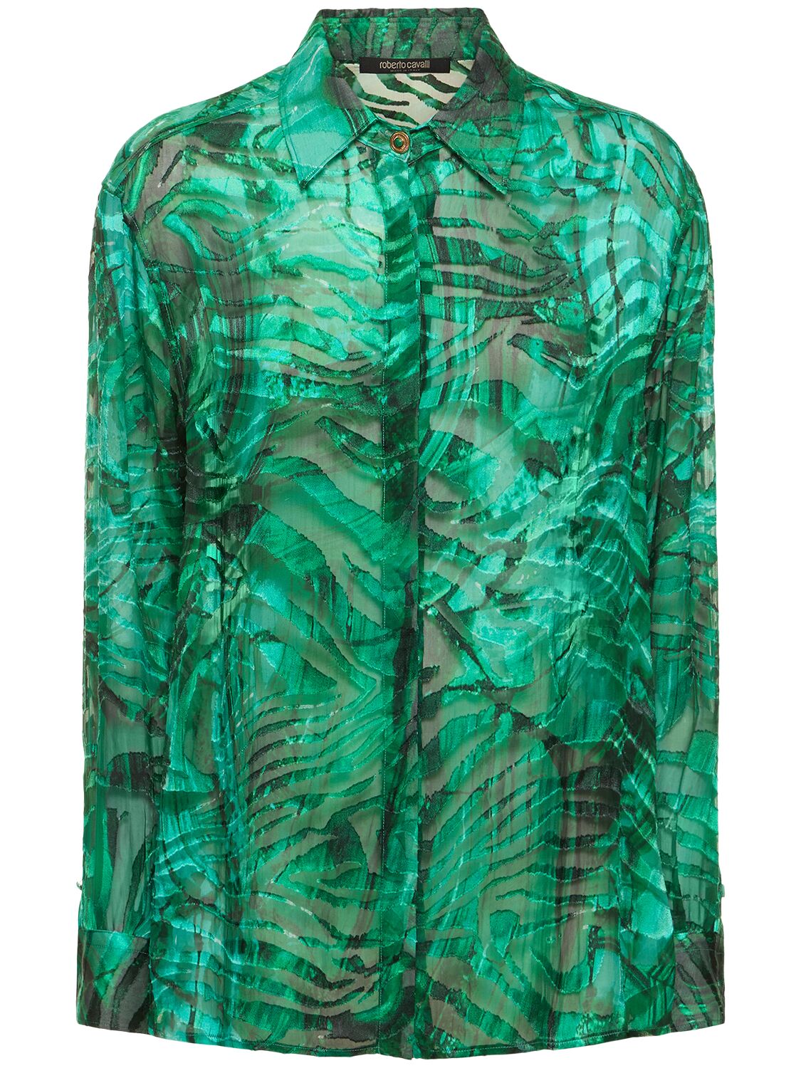 Roberto Cavalli Malachite Printed Satin Devoré Shirt In Green/multi