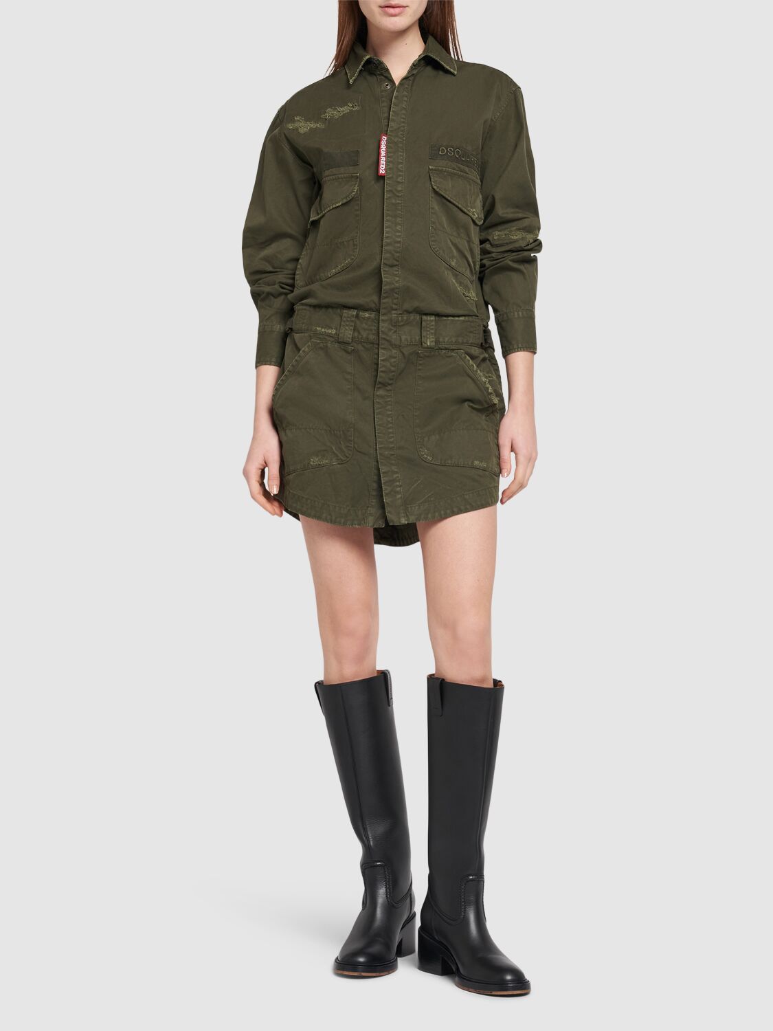 Shop Dsquared2 Military Twill Overdyed Mini Shirt Dress In Military Green