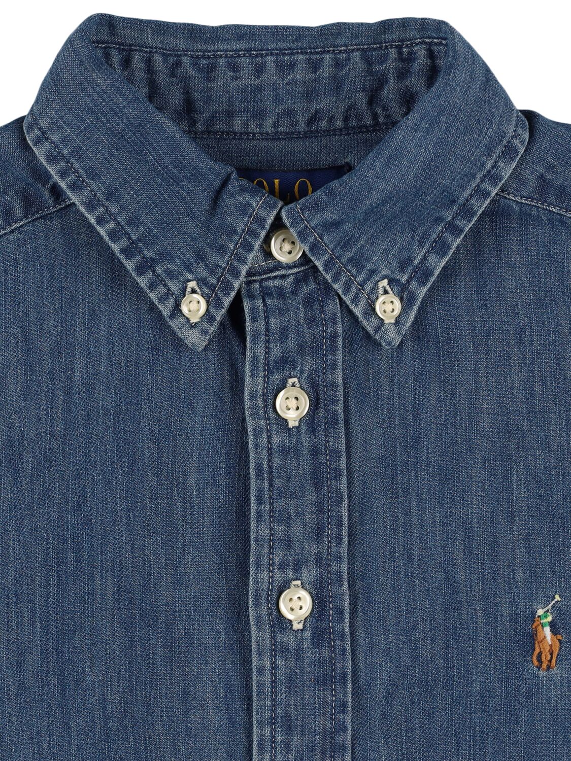 Shop Ralph Lauren Logo Embroidered Cotton Chambray Shirt In Blue