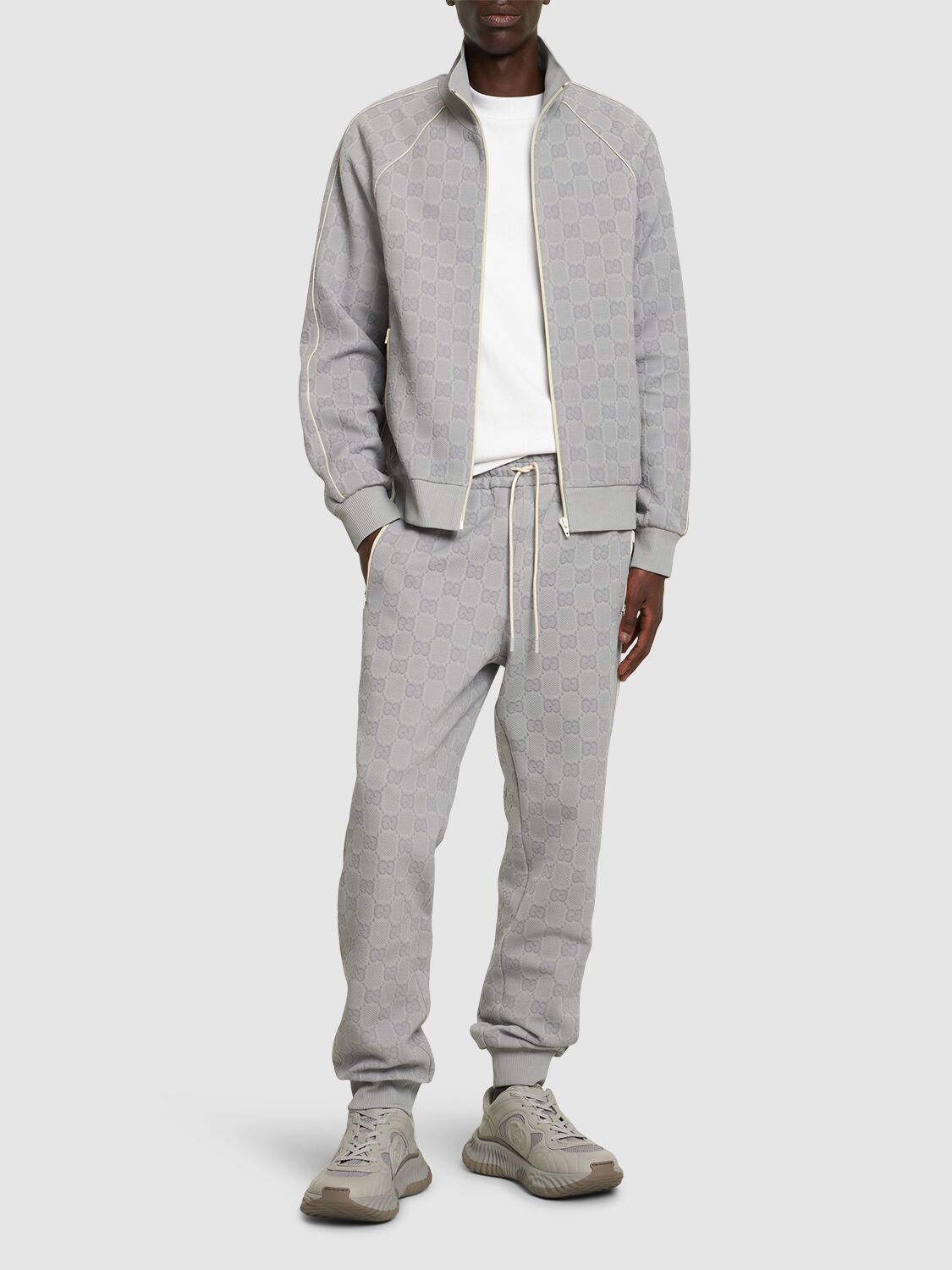 Shop Gucci Gg Detail Nylon Track Pants In Light Grey