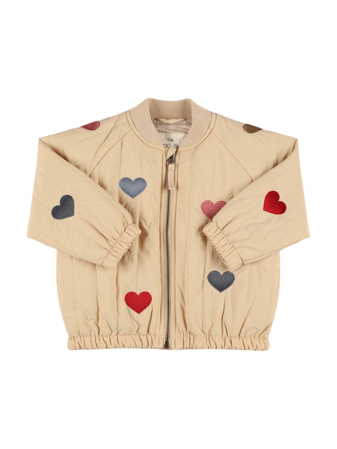 Konges Sløjd Kids' Hearts Embroidered Nylon Bomber Jacket In Beige,multi