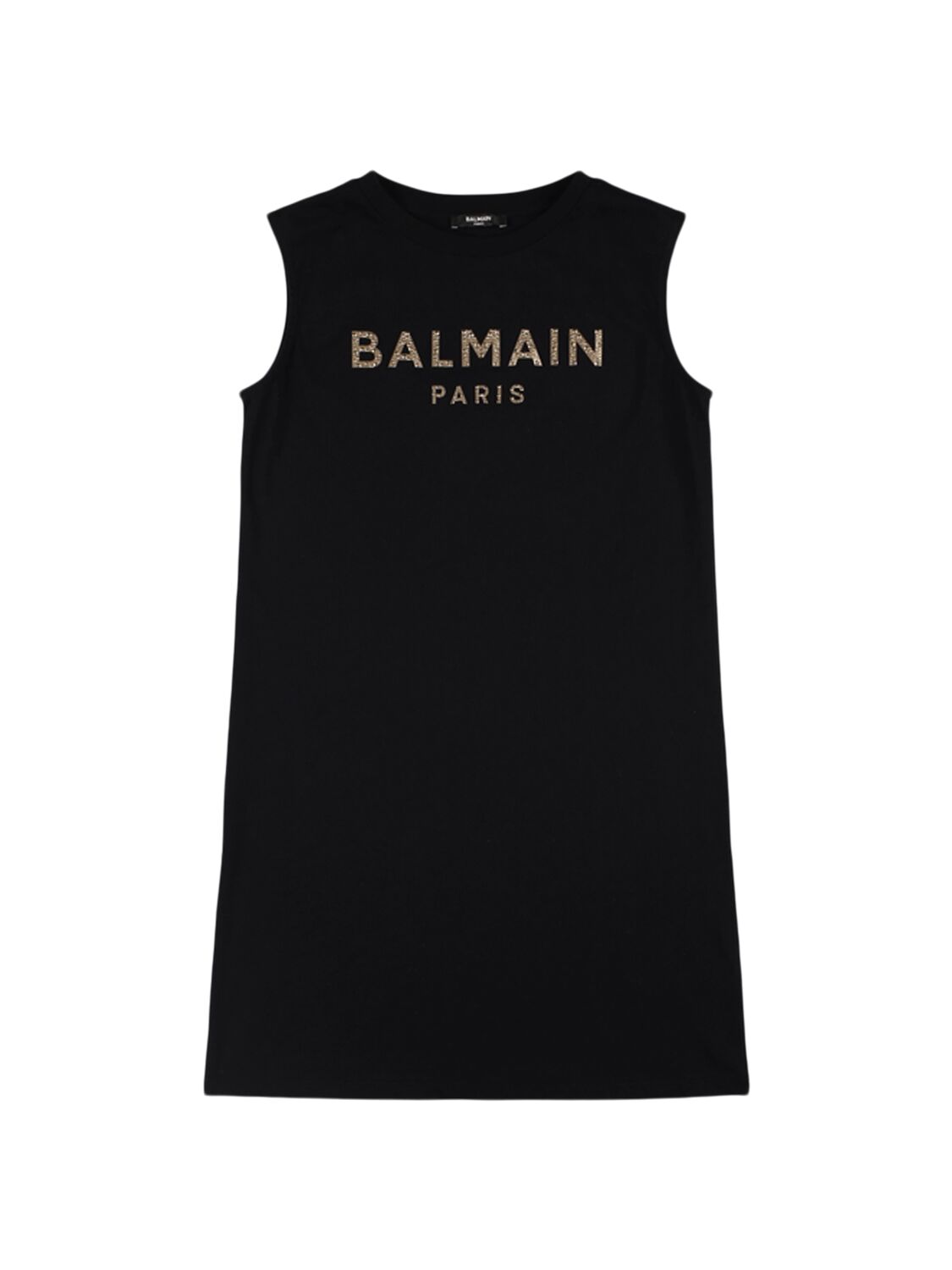 Balmain Kids' Embellished Logo Cotton Jersey Dress In Black,gold