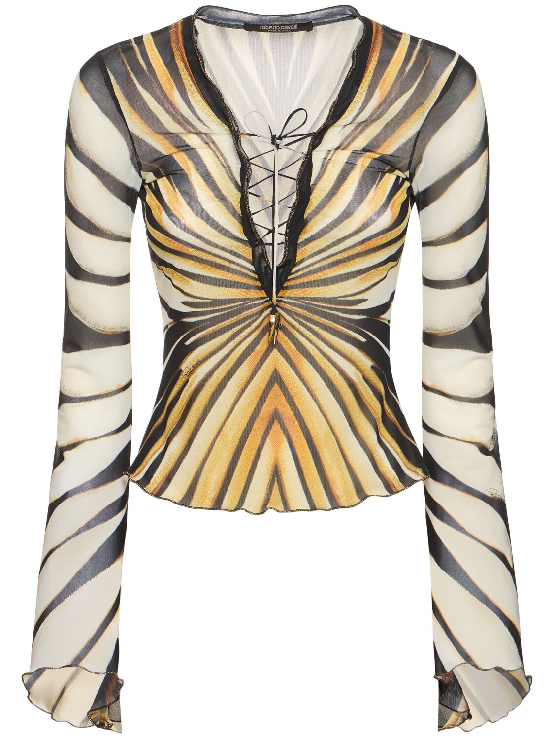 Roberto Cavalli Ray Of Gold Printed Tulle Top In Yellow/black