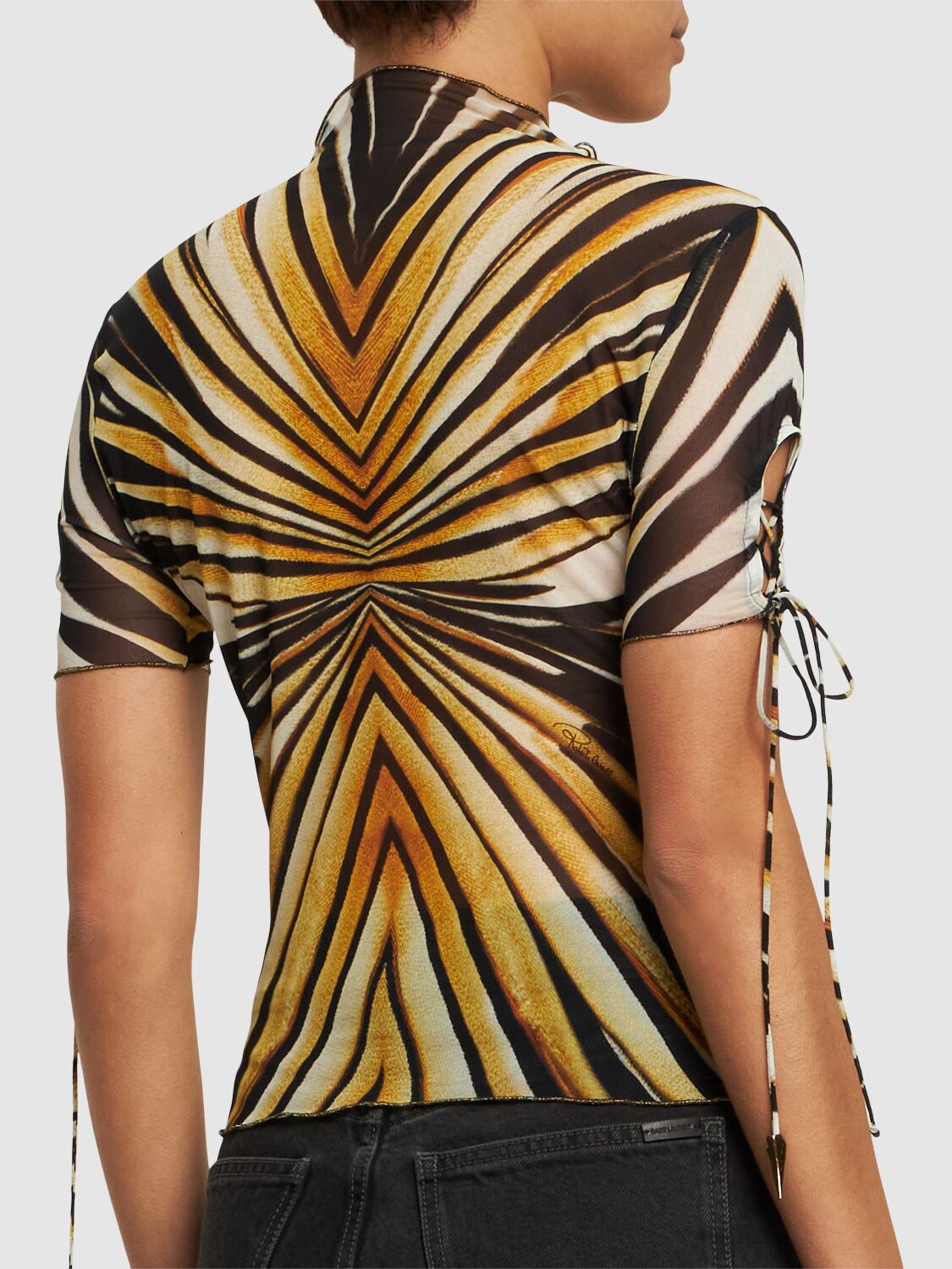 Shop Roberto Cavalli Ray Of Gold Printed Tulle Top In Yellow/black