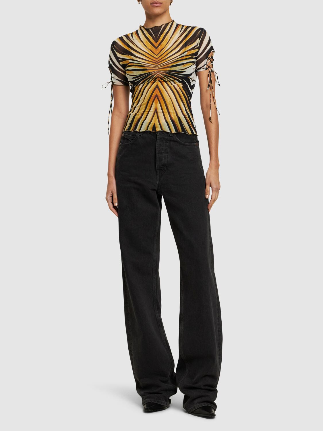 Shop Roberto Cavalli Ray Of Gold Printed Tulle Top In Yellow/black