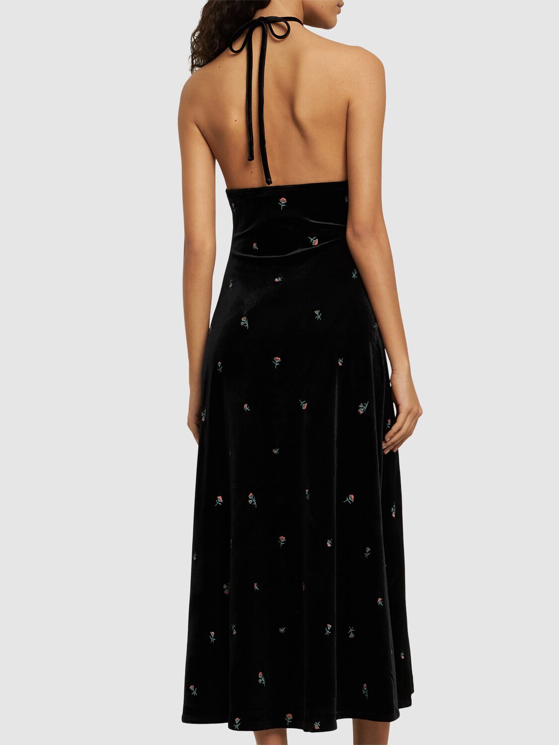 Shop Weworewhat Embroidered Velvet Halterneck Midi Dress In Black,multi