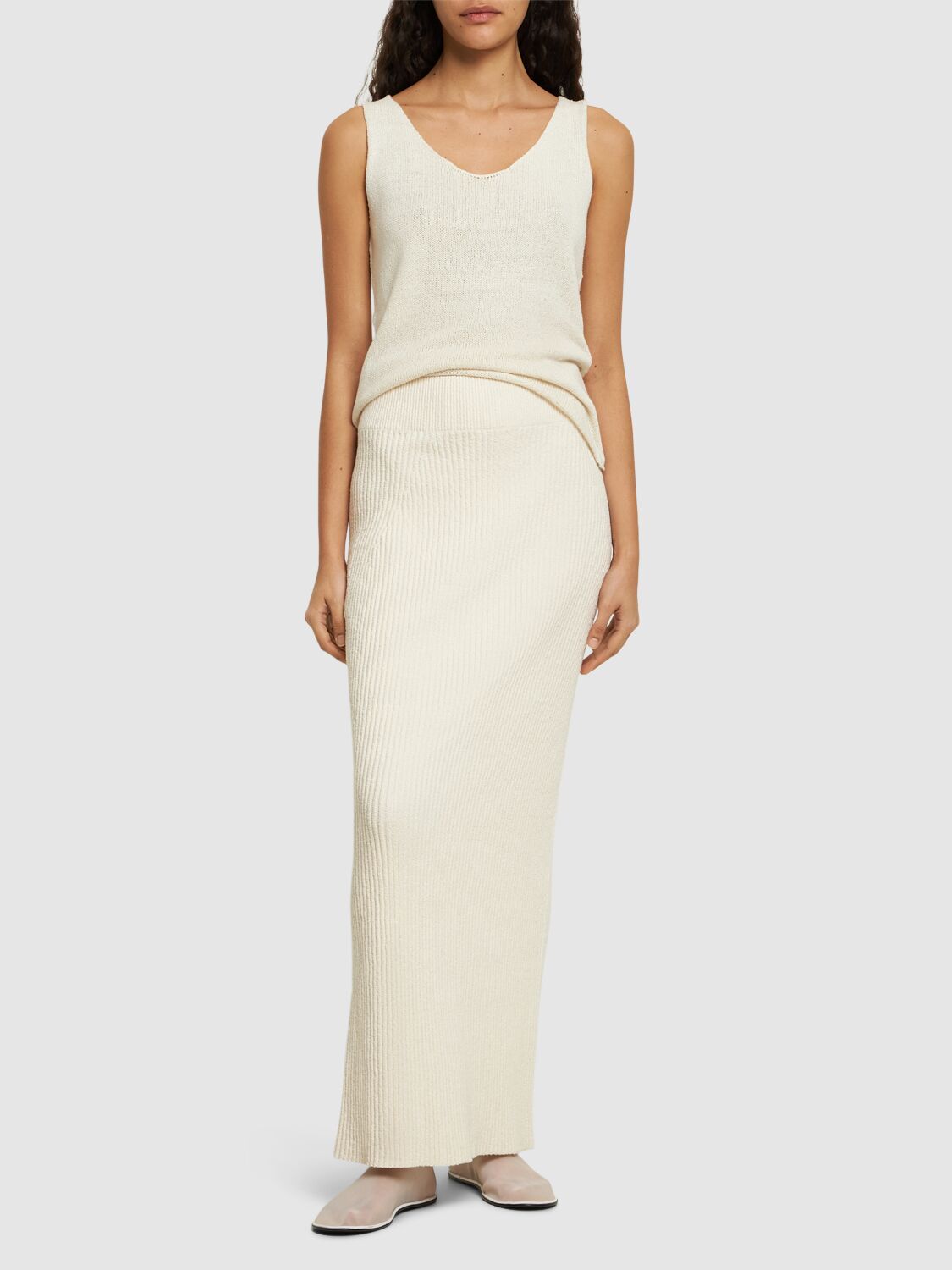 Bouclé Knit Cotton Blend Long Skirt