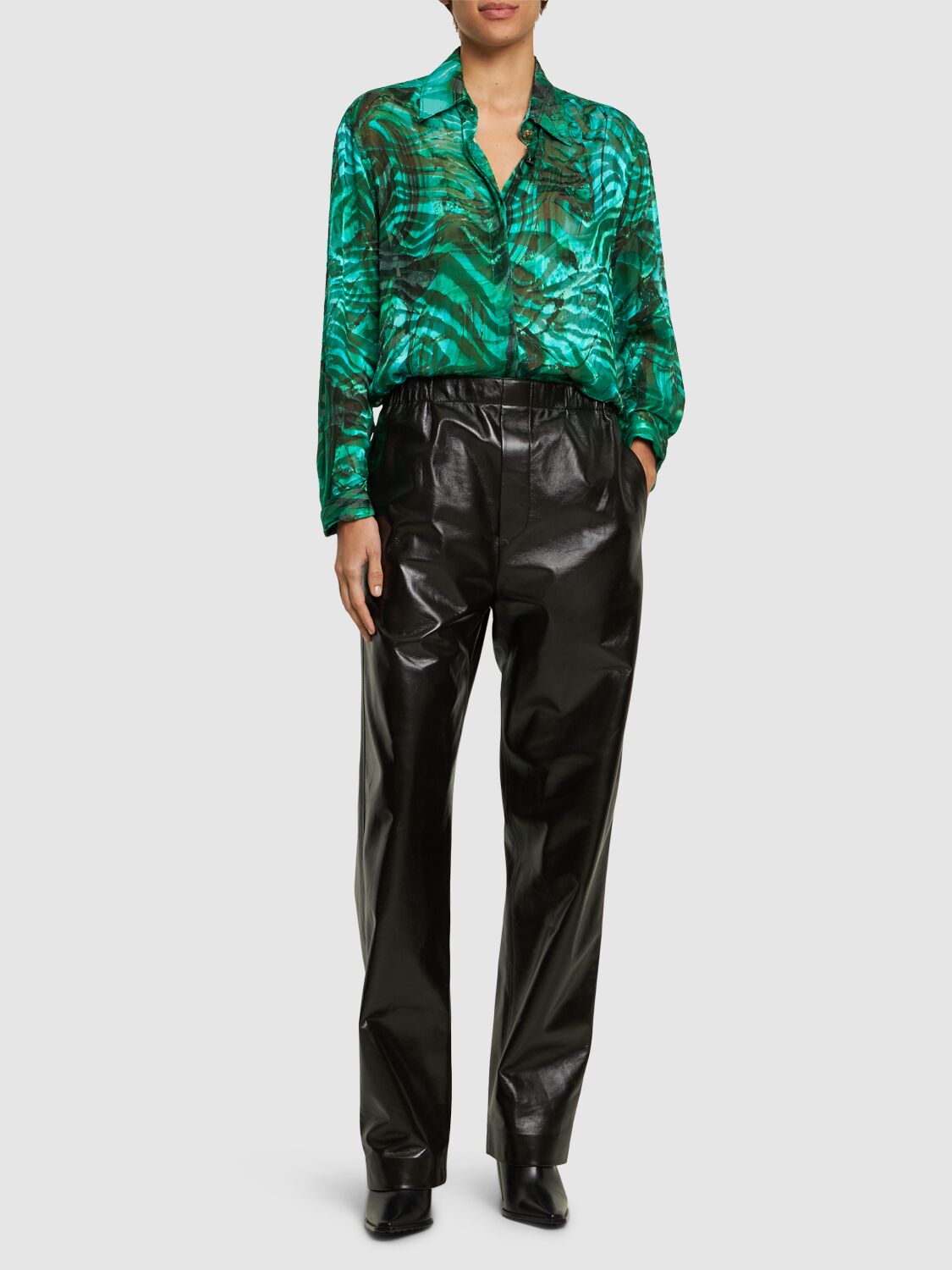 Shop Roberto Cavalli Malachite Printed Satin Devoré Shirt In Green/multi