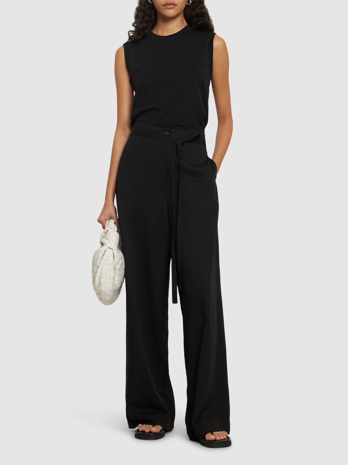 Shop Totême Fluid Viscose & Linen Wide Pants In Black