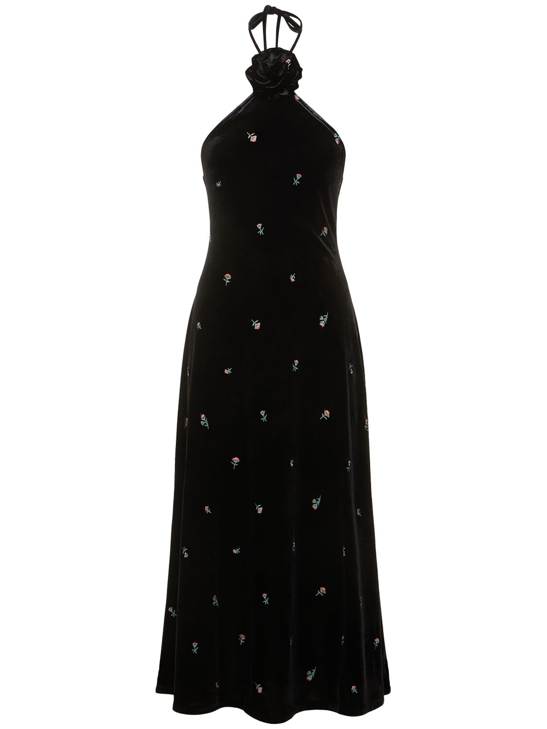 Weworewhat Embroidered Velvet Halterneck Midi Dress In Black,multi