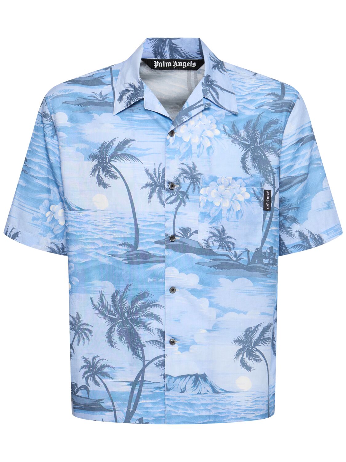 Shop Palm Angels Sunset Linen Blend Bowling Shirt In Indigo Blue