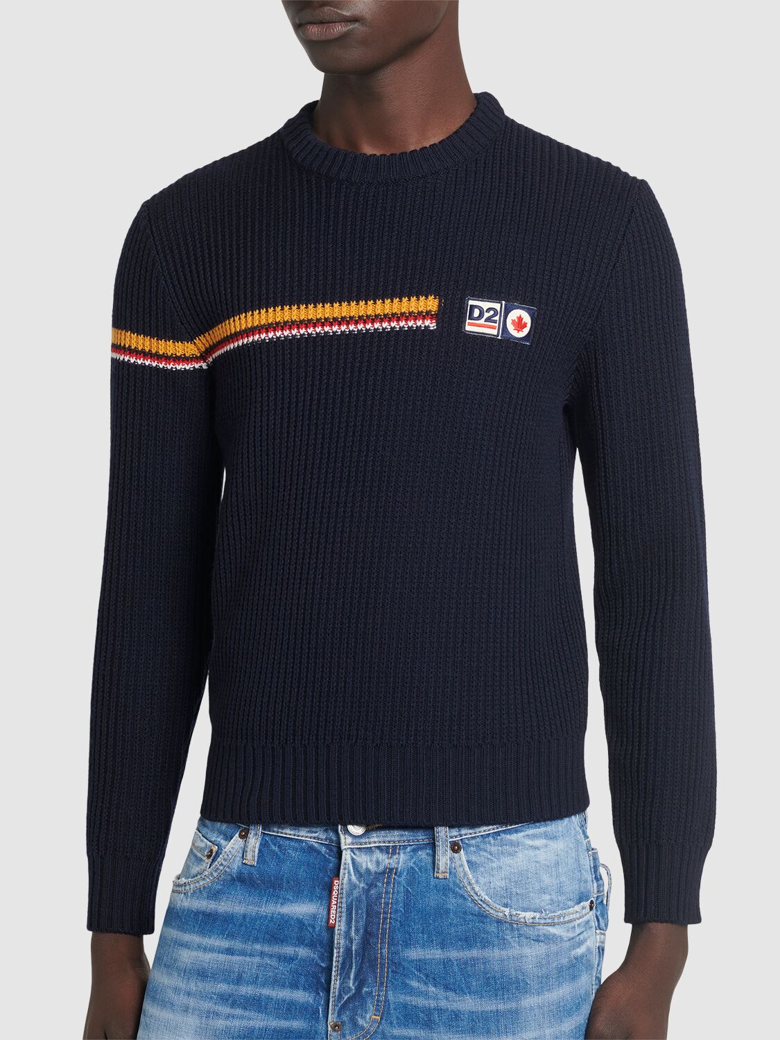 Shop Dsquared2 Wool Crewneck Logo Sweater In Navy