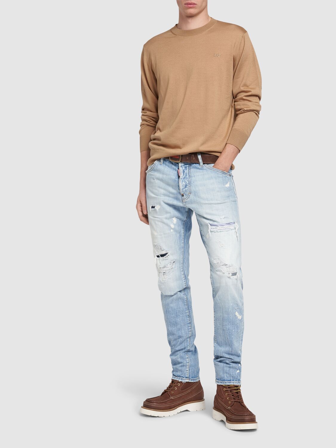 Shop Dsquared2 Crewneck Wool Sweater In Sand