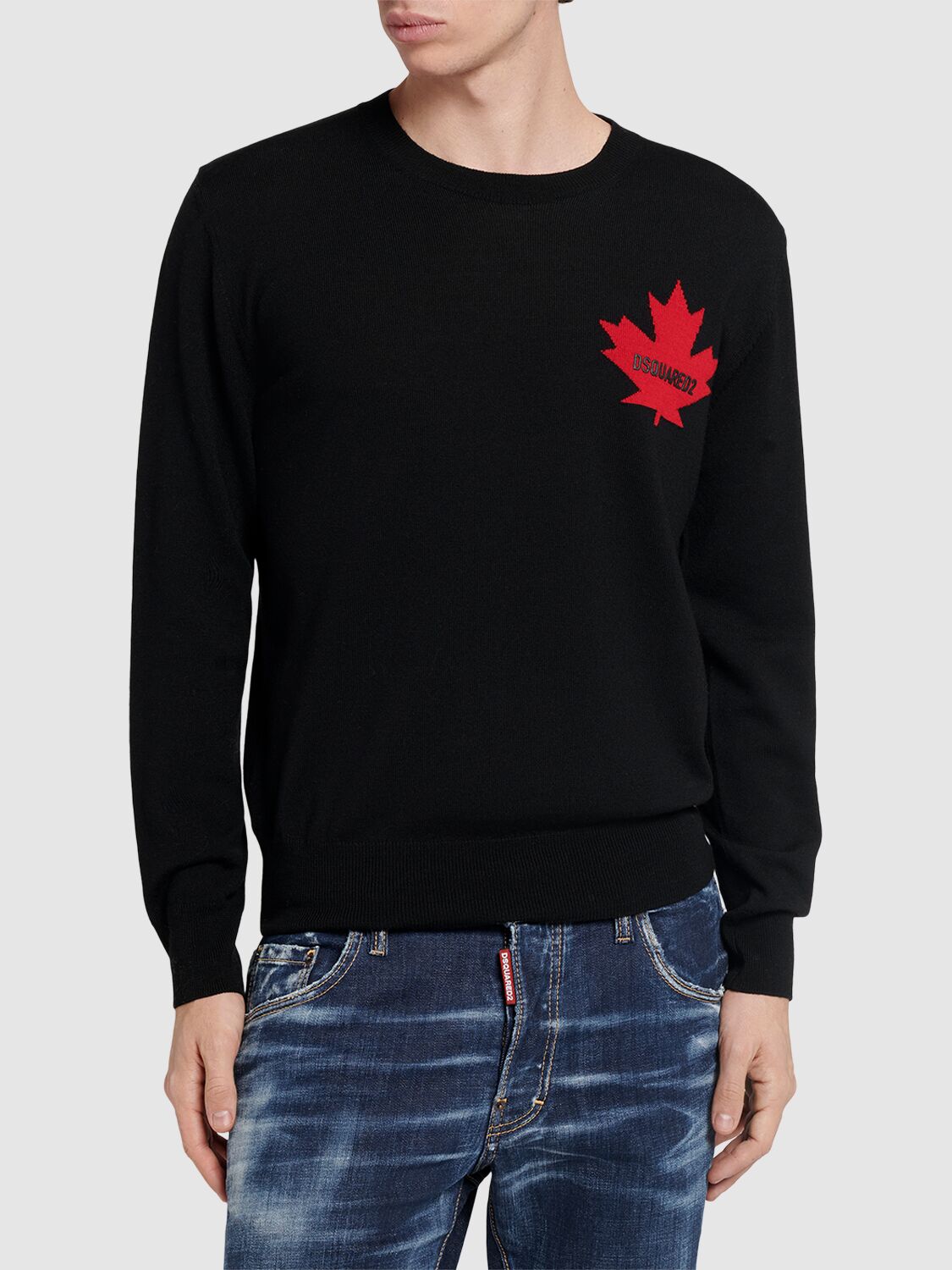 Shop Dsquared2 D2 Leaf Wool Crewneck Sweater In Black