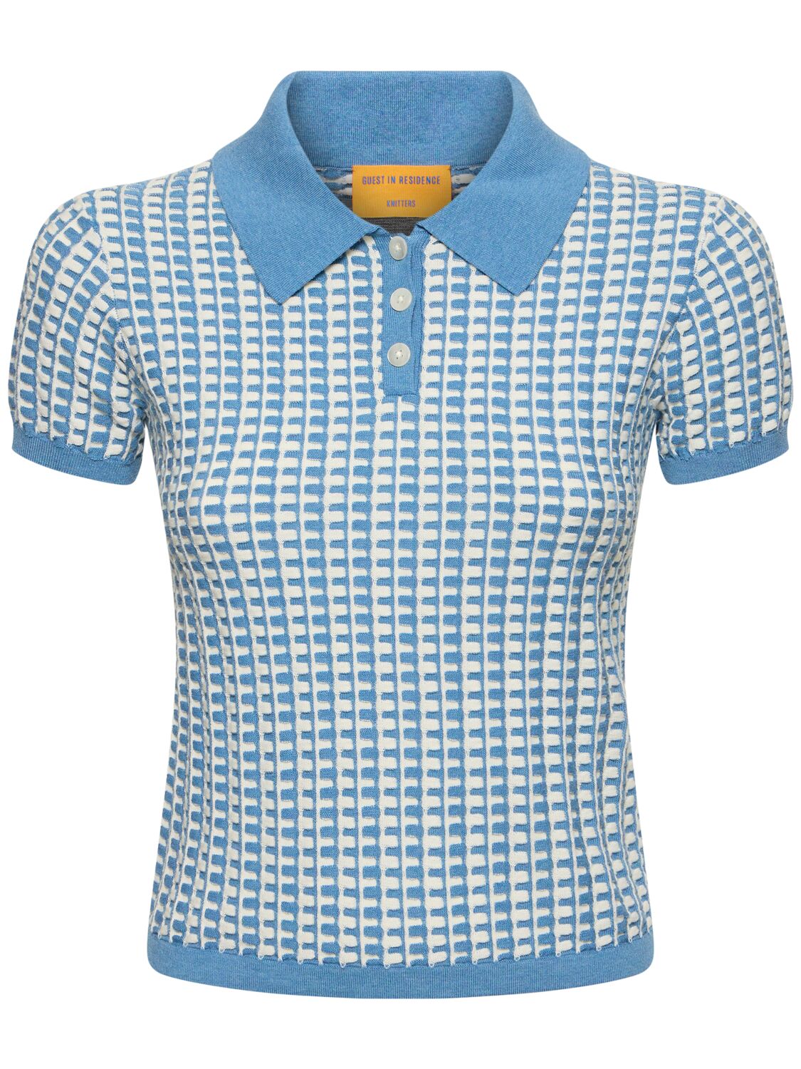 Shop Guest In Residence Gingham Shrunken Cotton Polo Top In Blue,cream