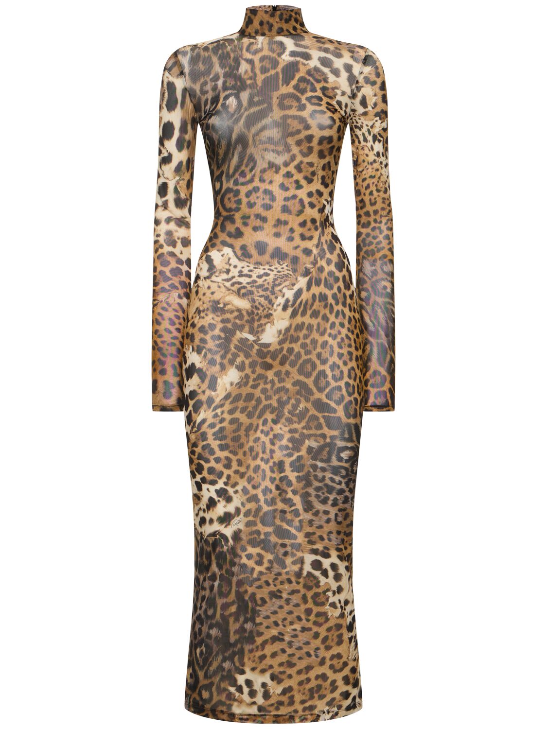 Roberto Cavalli Jaguar Printed Tulle Dress In Brown/multi