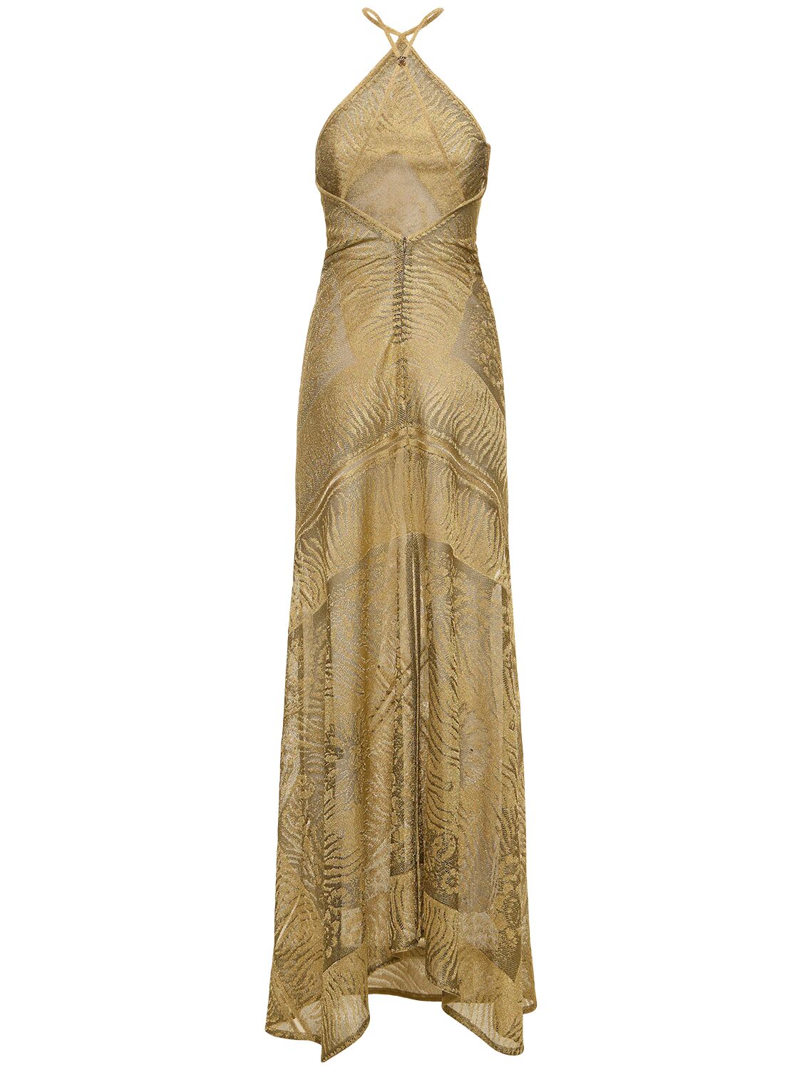 Shop Roberto Cavalli Halter Neck Devoré Lurex Long Dress In Gold