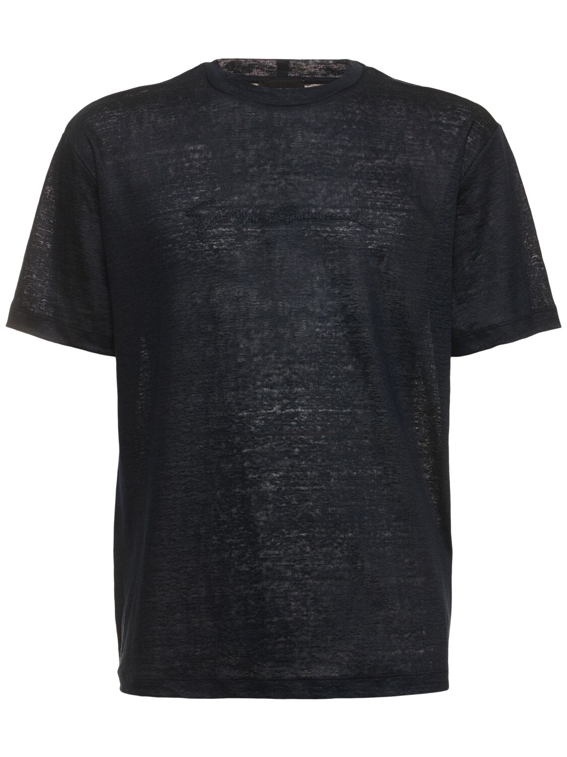 Shop Giorgio Armani Linen Jersey Embroidered Logo T-shirt In Navy