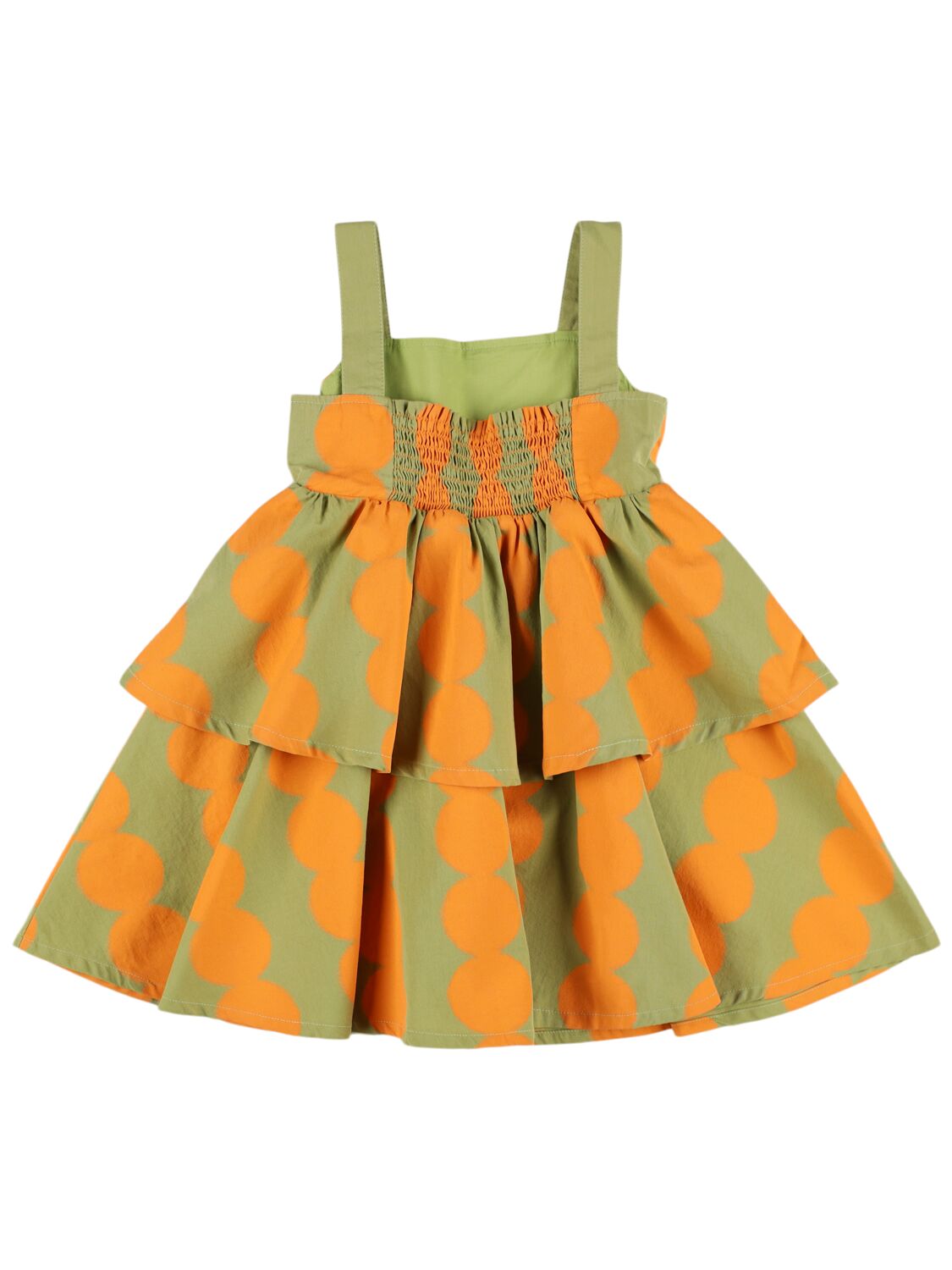 Shop Jellymallow Tiered Cotton Dress In Green,orange