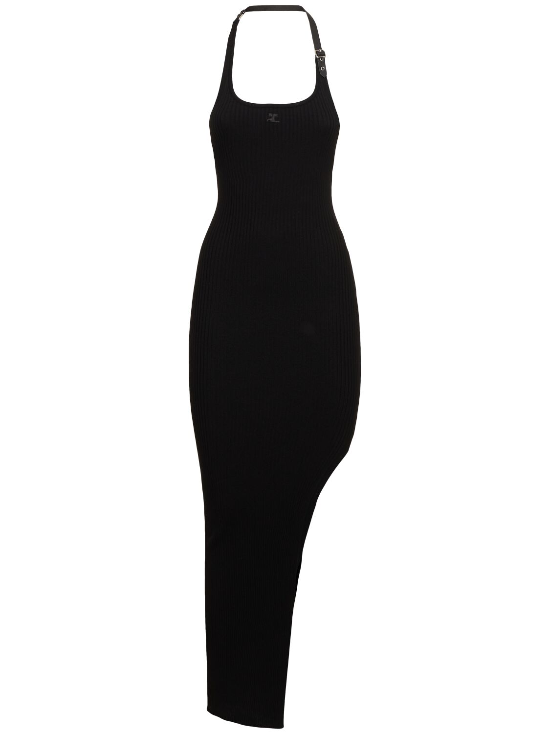 Shop Courrèges Holistic Buckle Rib Knit Long Dress In Black