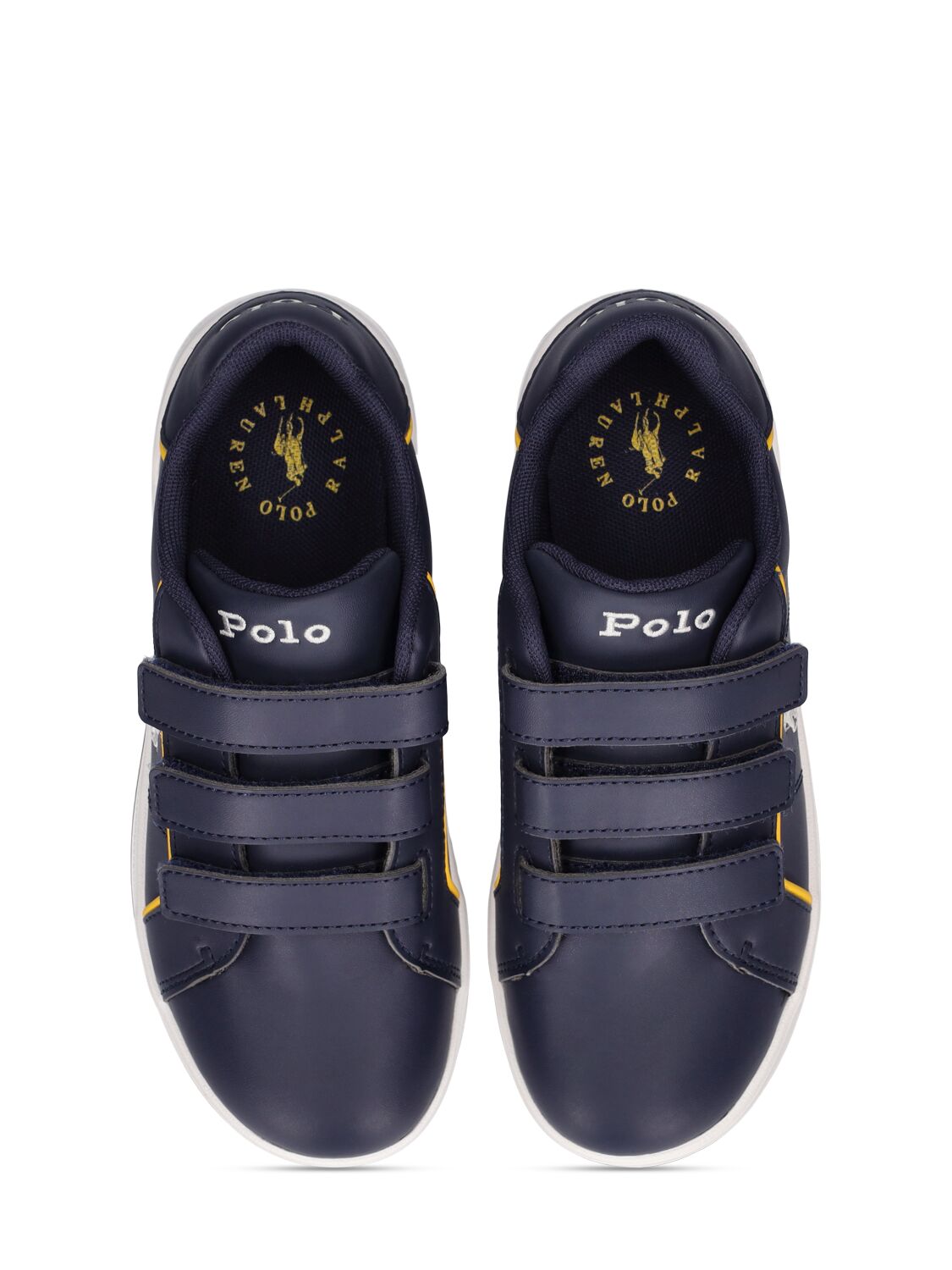 Shop Ralph Lauren Logo Faux Leather Strap Sneakers In 海军蓝