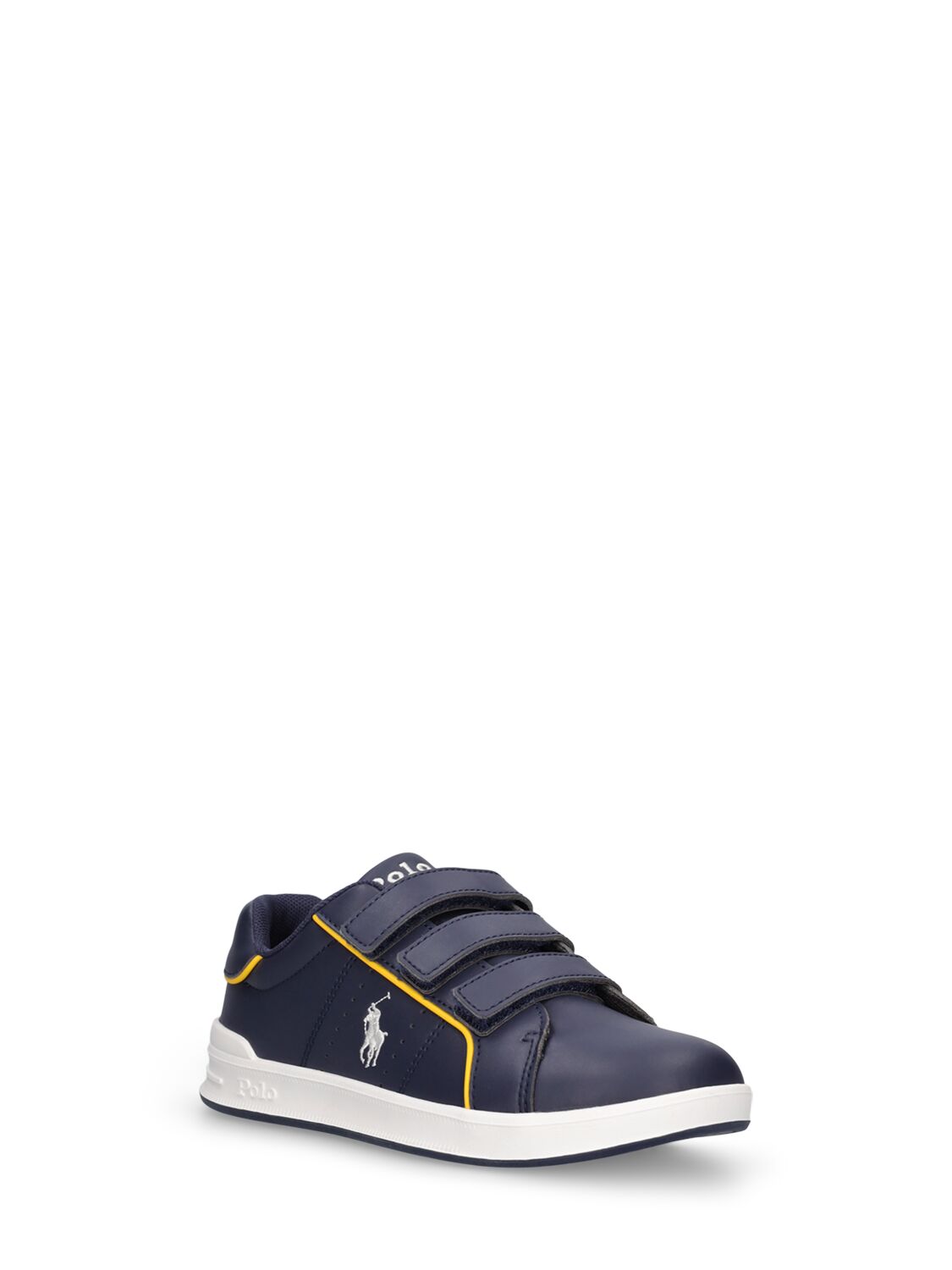 Shop Ralph Lauren Logo Faux Leather Strap Sneakers In 海军蓝