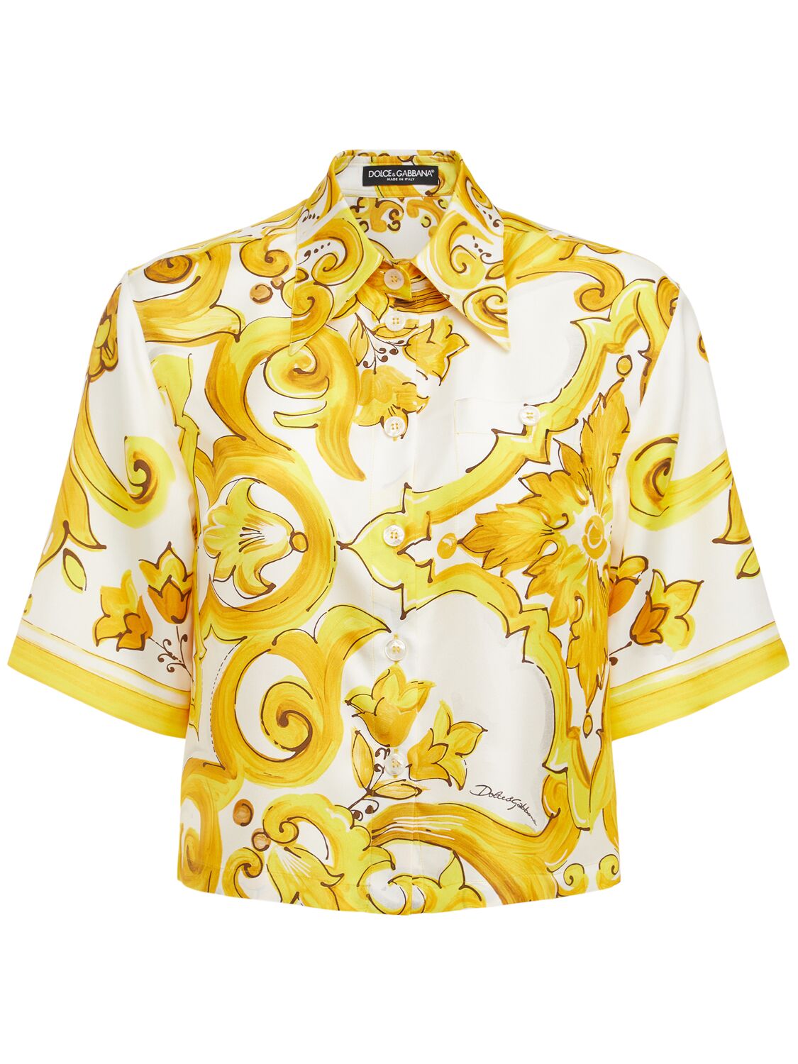 Dolce & Gabbana Maiolica Print Silk Short Sleeves Shirt In 黄色/多色