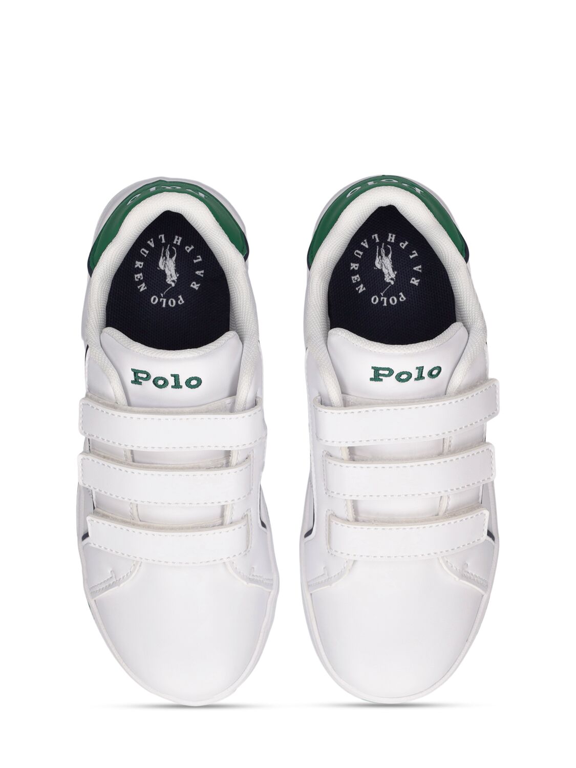 Shop Ralph Lauren Logo Faux Leather Strap Sneakers In 白色,绿色