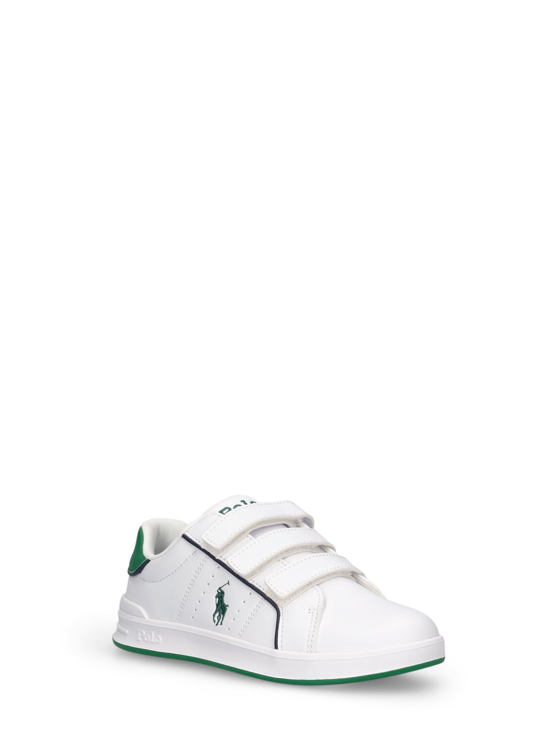 Shop Ralph Lauren Logo Faux Leather Strap Sneakers In 白色,绿色