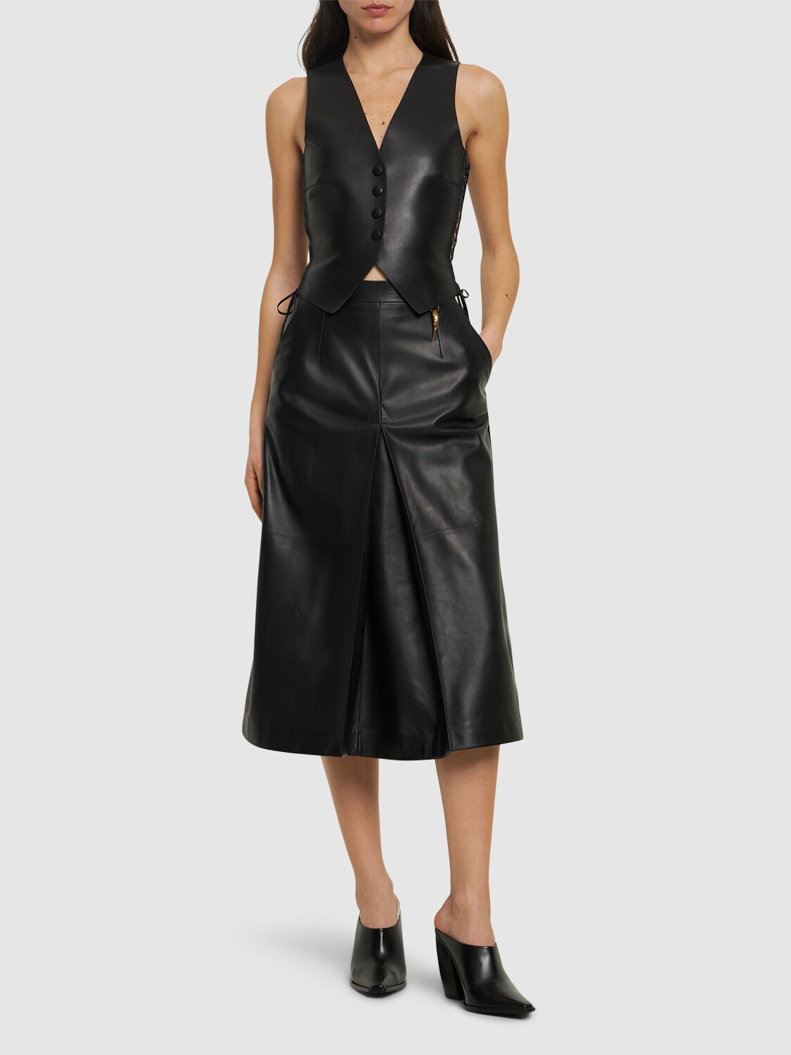 Shop Roberto Cavalli Leather Midi Skirt In Black