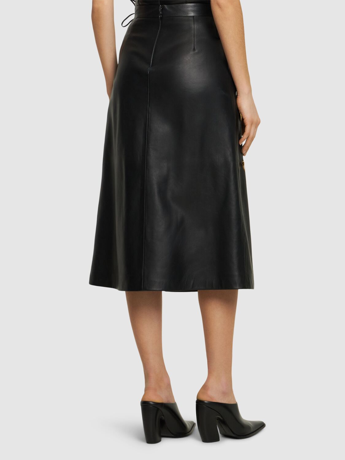 Shop Roberto Cavalli Leather Midi Skirt In Black