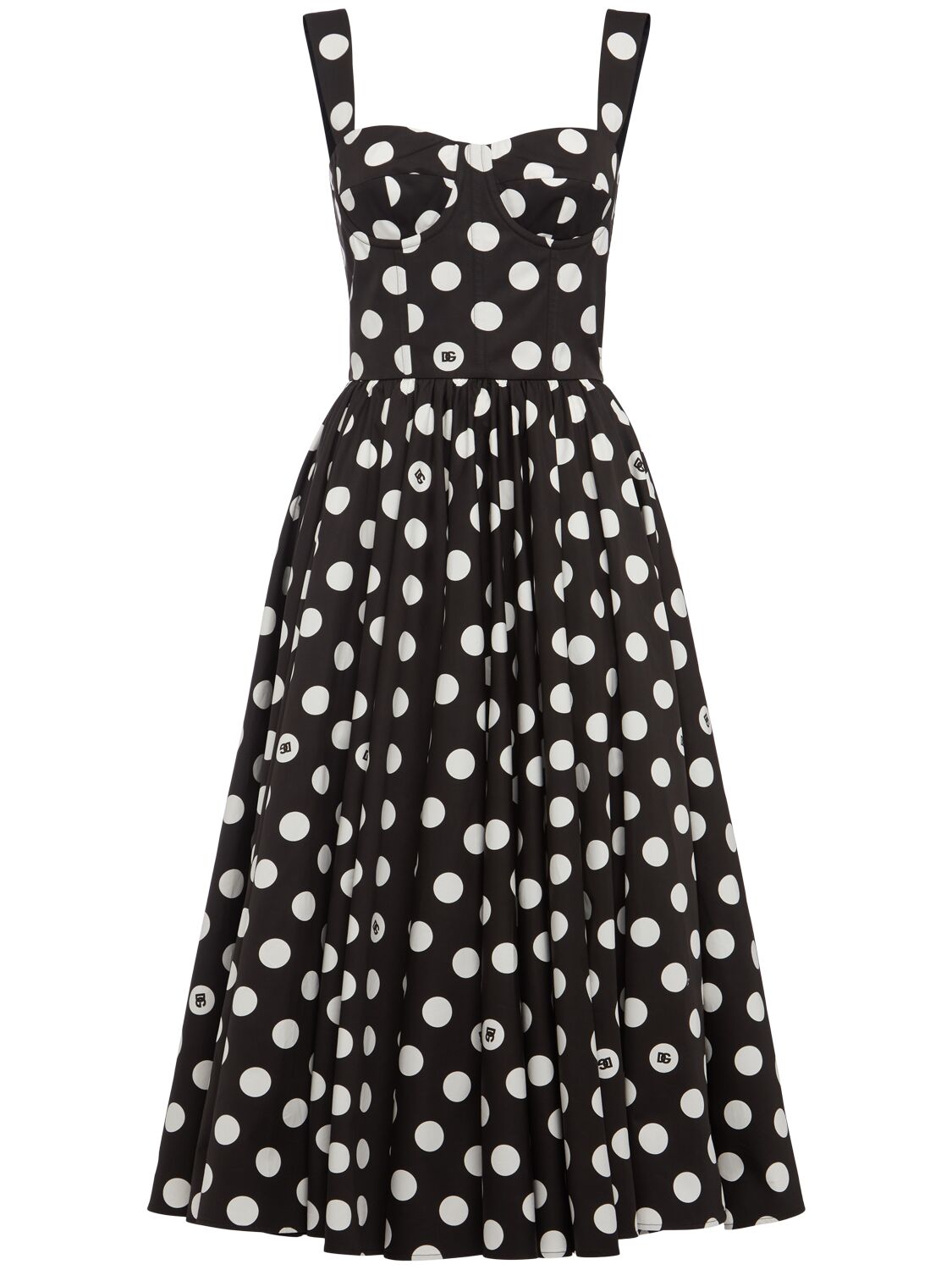 Shop Dolce & Gabbana Polka Dots Logo Cotton Poplin Midi Dress In White,black