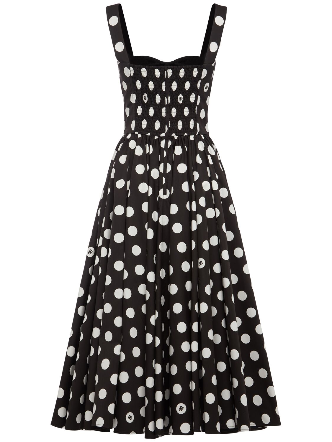 Shop Dolce & Gabbana Polka Dots Logo Cotton Poplin Midi Dress In White,black