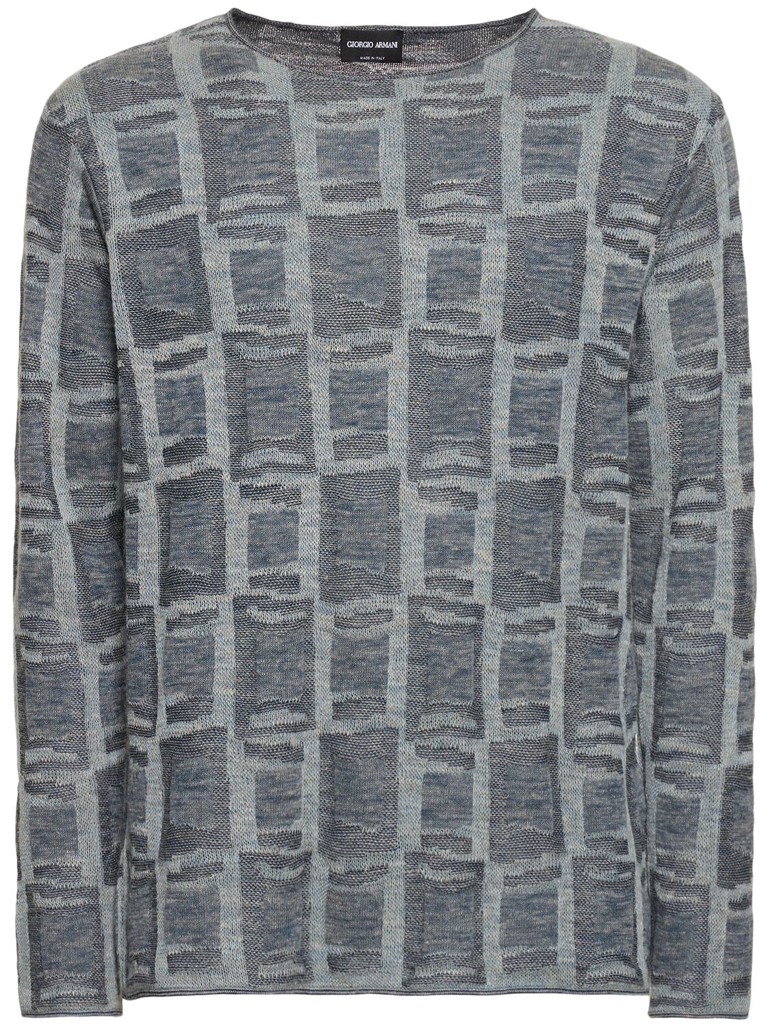 Shop Giorgio Armani Linen Blend Jacquard Sweater In Blue,grey