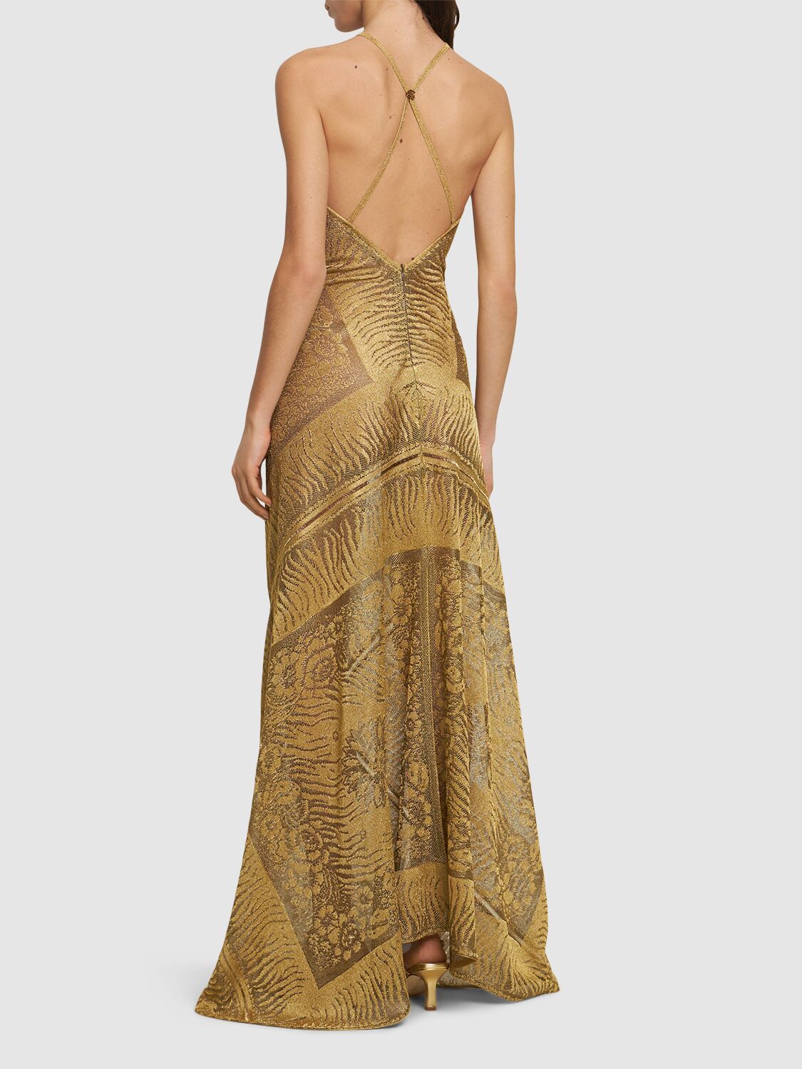 Shop Roberto Cavalli Halter Neck Devoré Lurex Long Dress In Gold