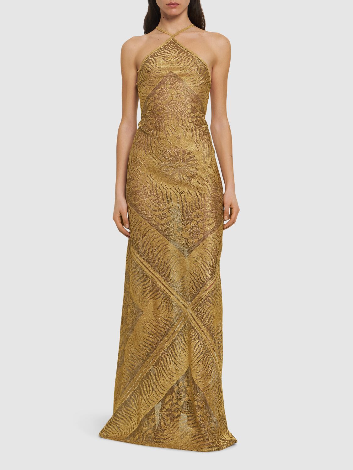 Shop Roberto Cavalli Halter Neck Devoré Lurex Long Dress In Gold