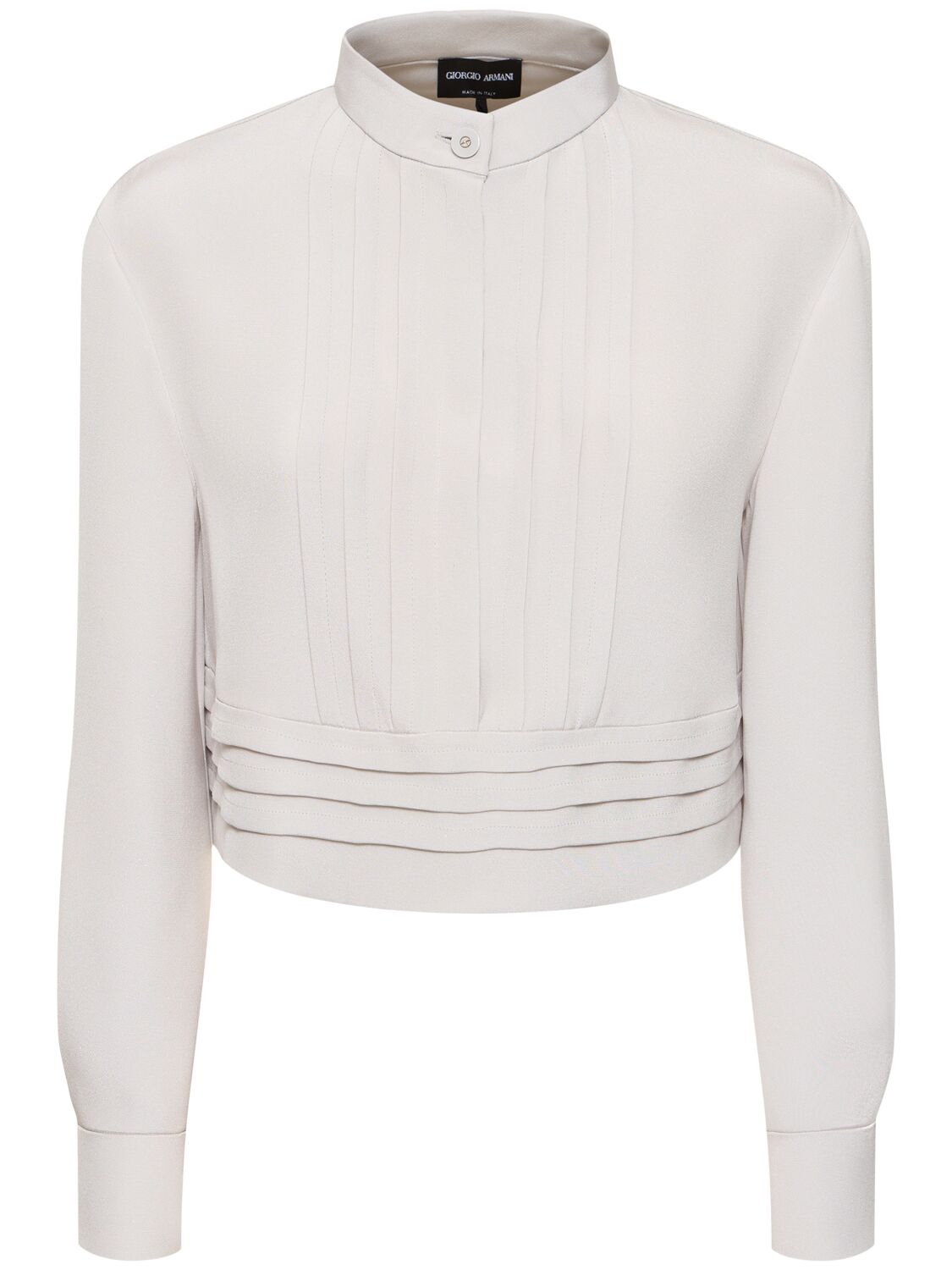 Giorgio Armani Silk Satin Crop Shirt W/ Pleats In Light Grey